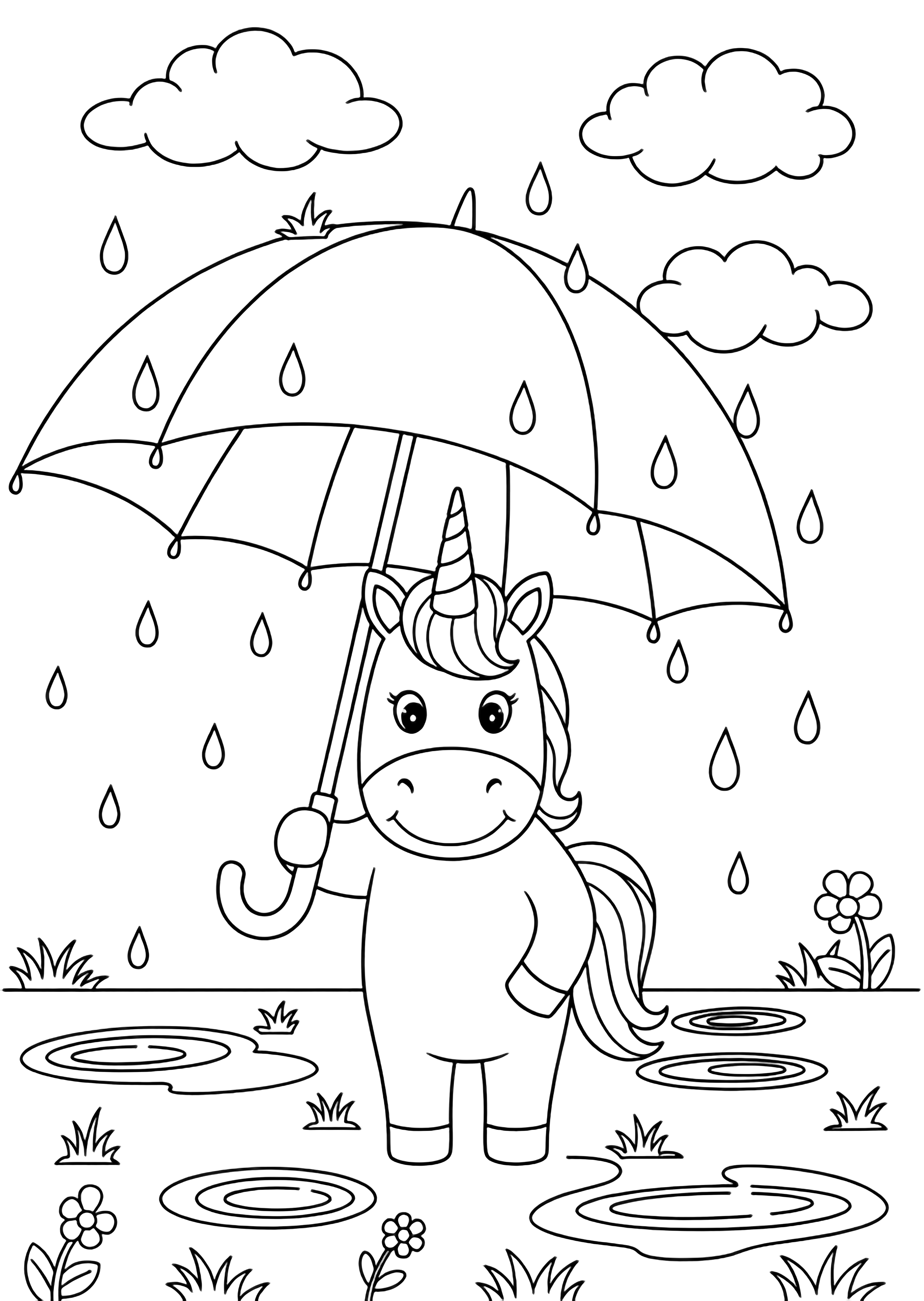 A smiling unicorn stands beneath a broad umbrella while raindrops fall; simple clouds float above puddles and sparse grass and flowers. kleurplaat