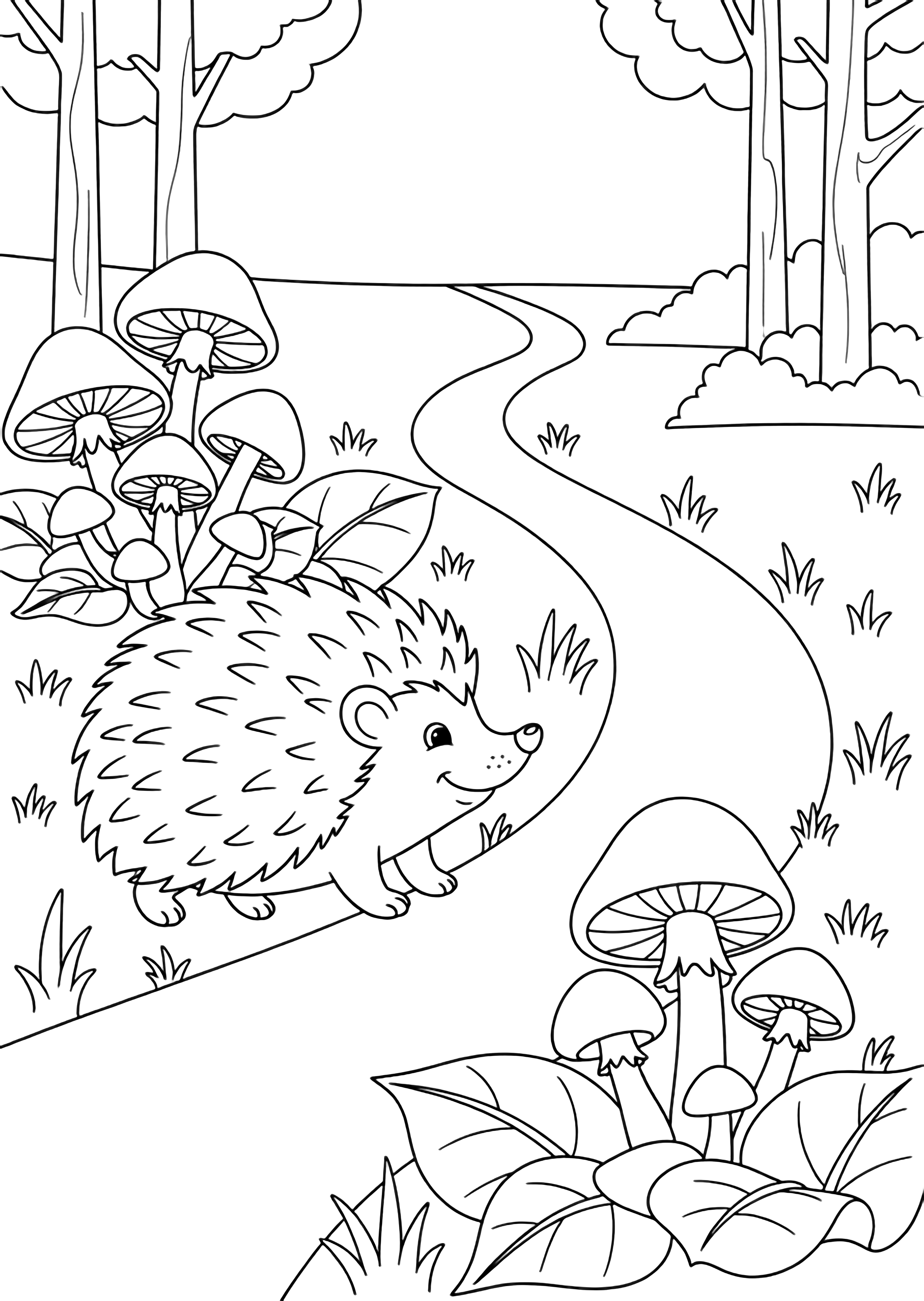 A cheerful hedgehog walks a curving path among big mushrooms, leafy ground, and slim trees. kleurplaat