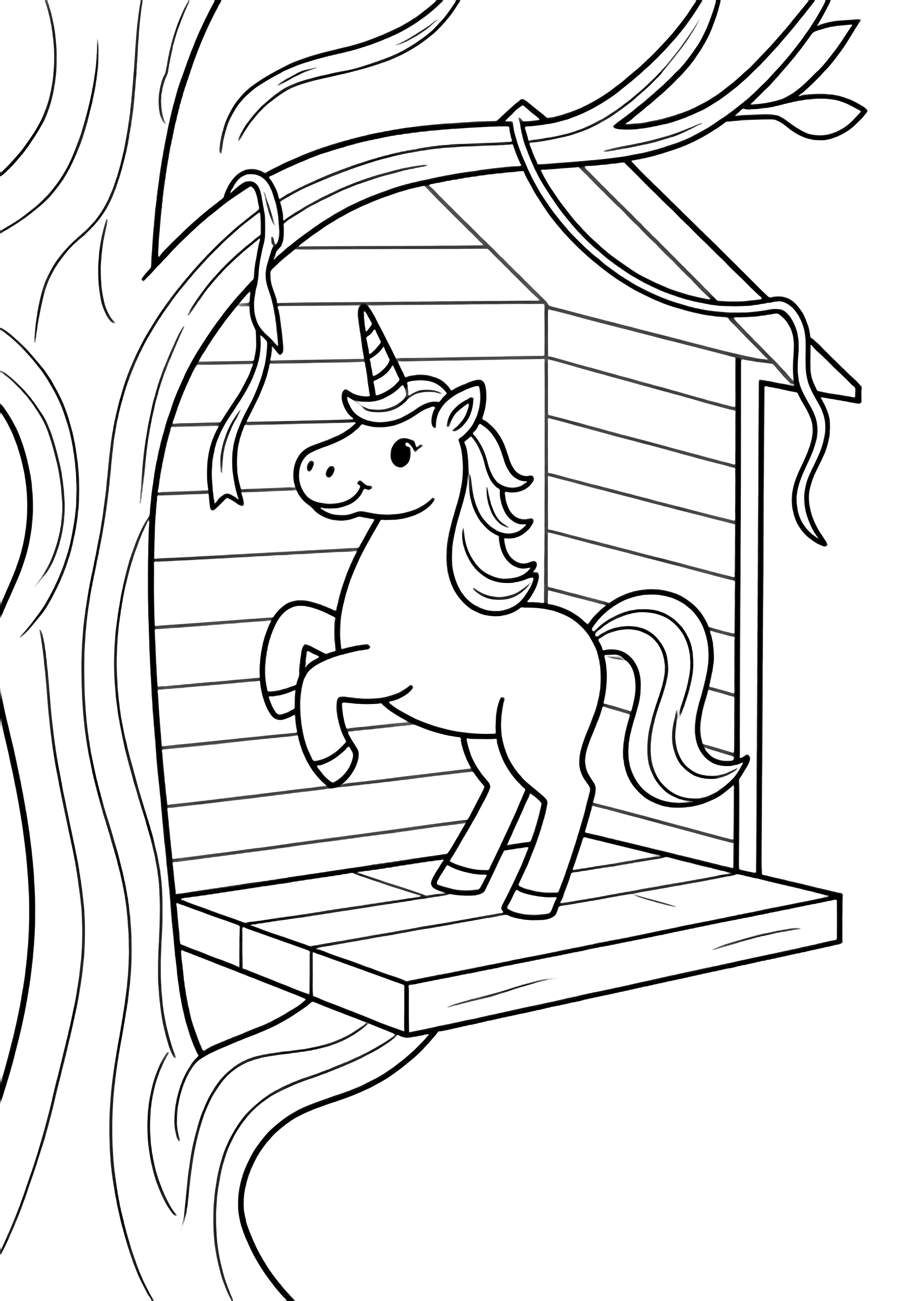 A cheerful unicorn rears up inside a treehouse, draping leafy garlands and ribbons along the plank walls. kleurplaat