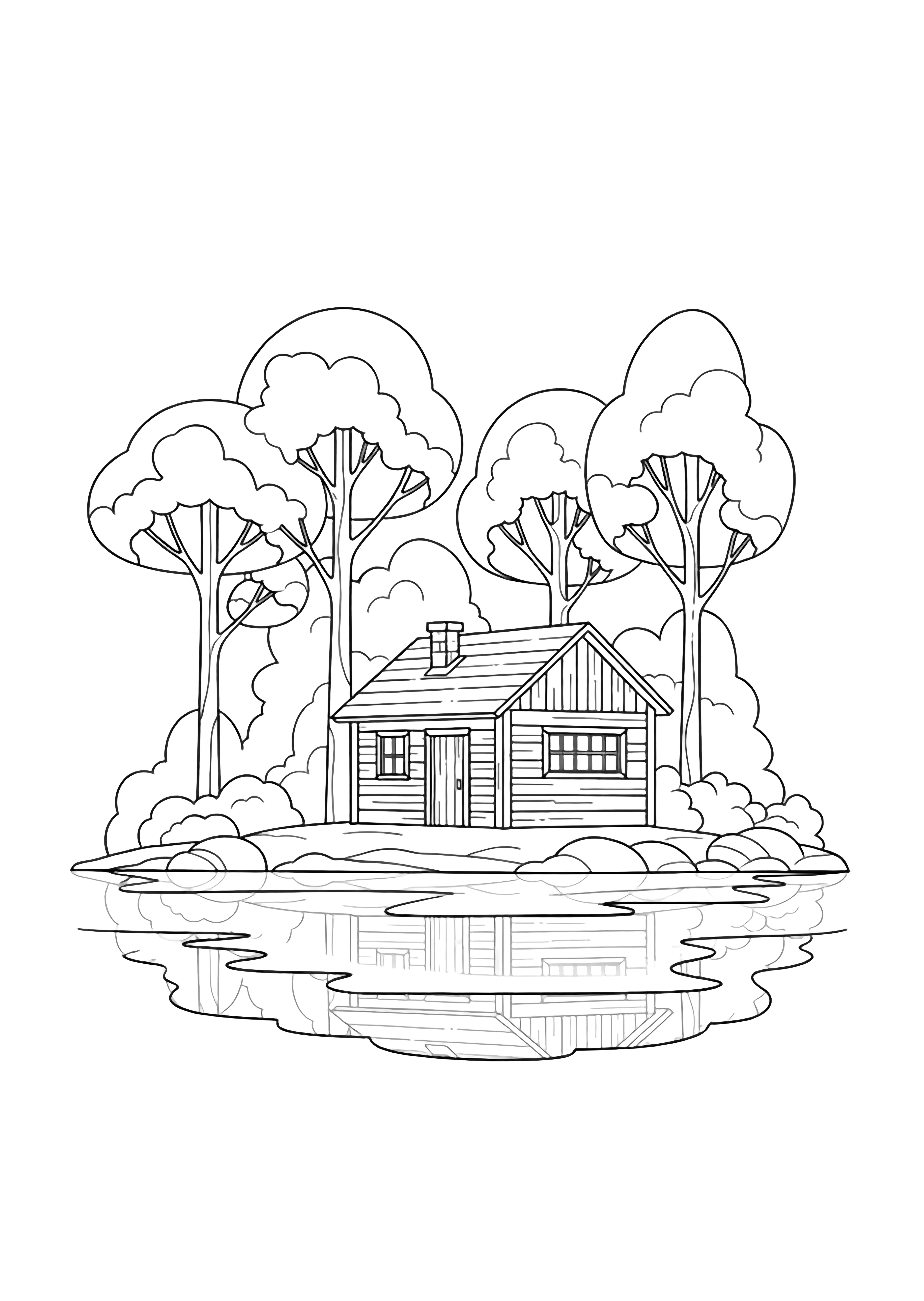 A wooden cabin with a chimney stands beside a lake, surrounded by tall autumn trees whose trunks reflect in the calm water. kleurplaat