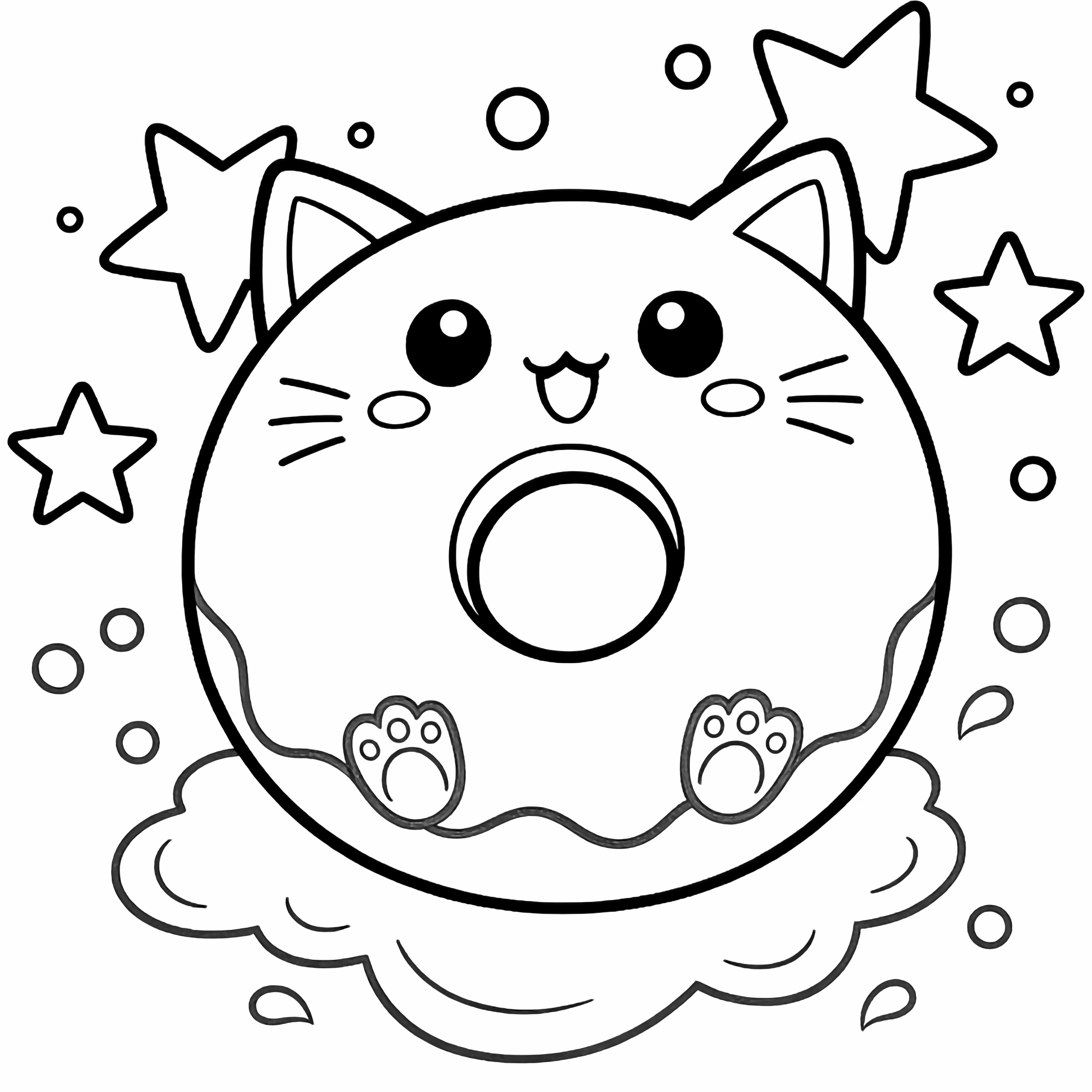 かわいいドーナツ、大きな幸せそうな目、小さな手、猫耳の穴、三つの星、まきついたミルクの飛沫 kleurplaat