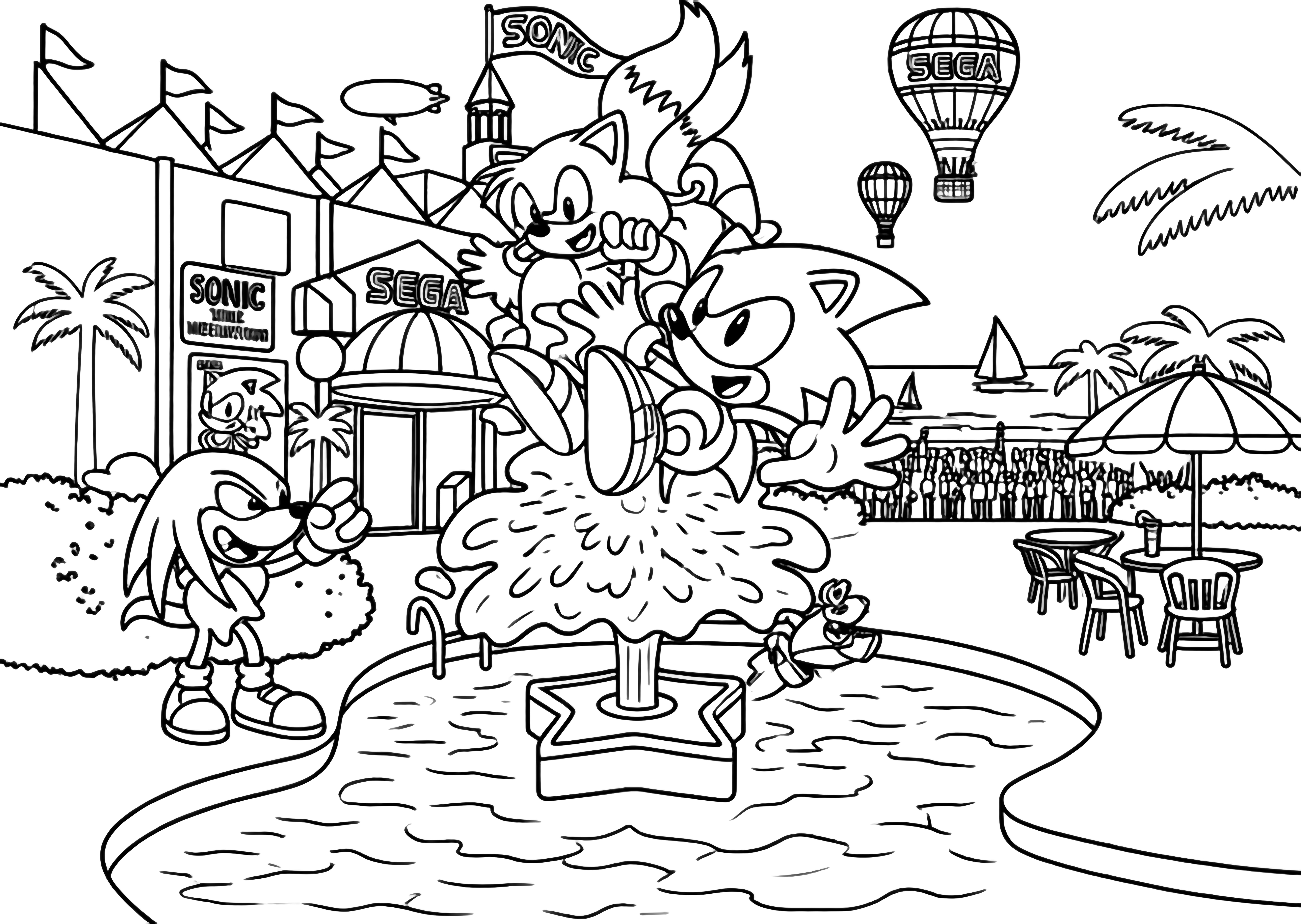 Sonic, Tails, and Knuckles celebrate at a lively Sega resort with a swimming pool, beachgoers, hot air balloons, and palm trees, depicted in a classic cartoon style. kleurplaat