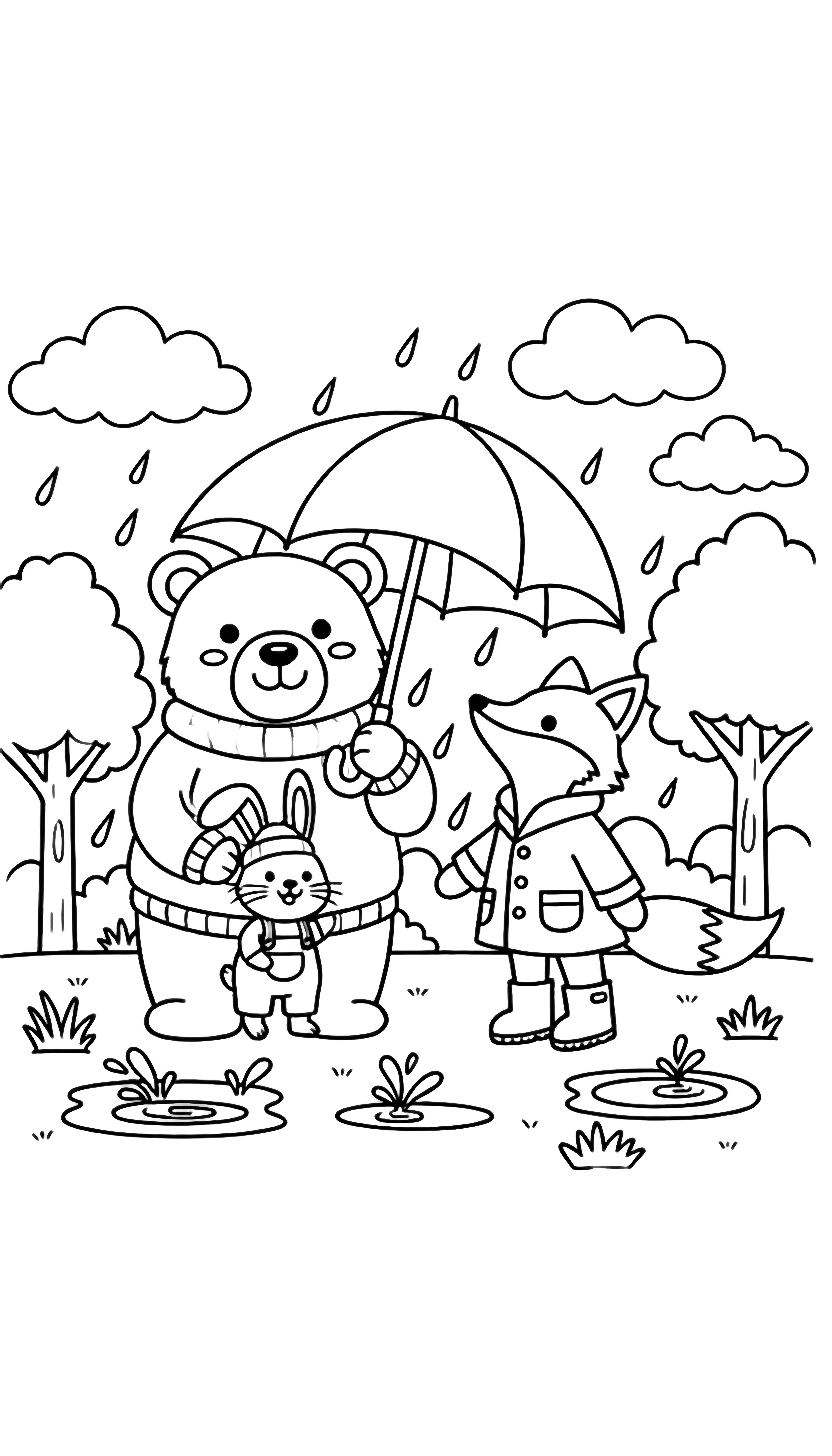 illustration on a pure A smiling bear holding a big umbrella shelters a tiny rabbit; beside them a fox in raincoat and boots tilts head skyward; simple clouds puddles and smiling trees frame the scene inside a bold black square outline clean black pure NO fills NO grayscale NO shading NO cross hatching NO solid areas kleurplaat