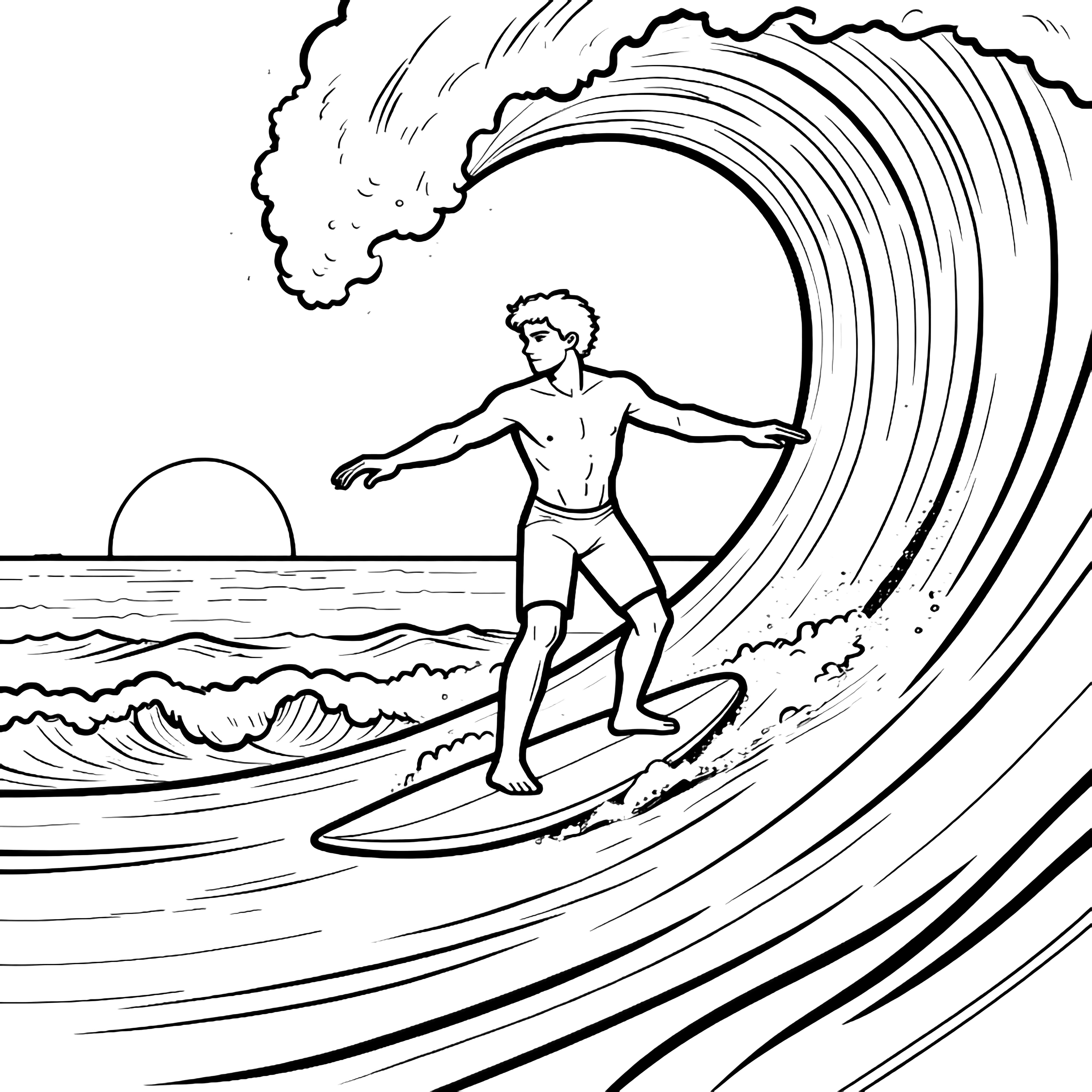 A surfer balances arms-out atop a longboard gliding along a giant curling wave, gentle foreground ripples, distant horizon, tiny sun. kleurplaat