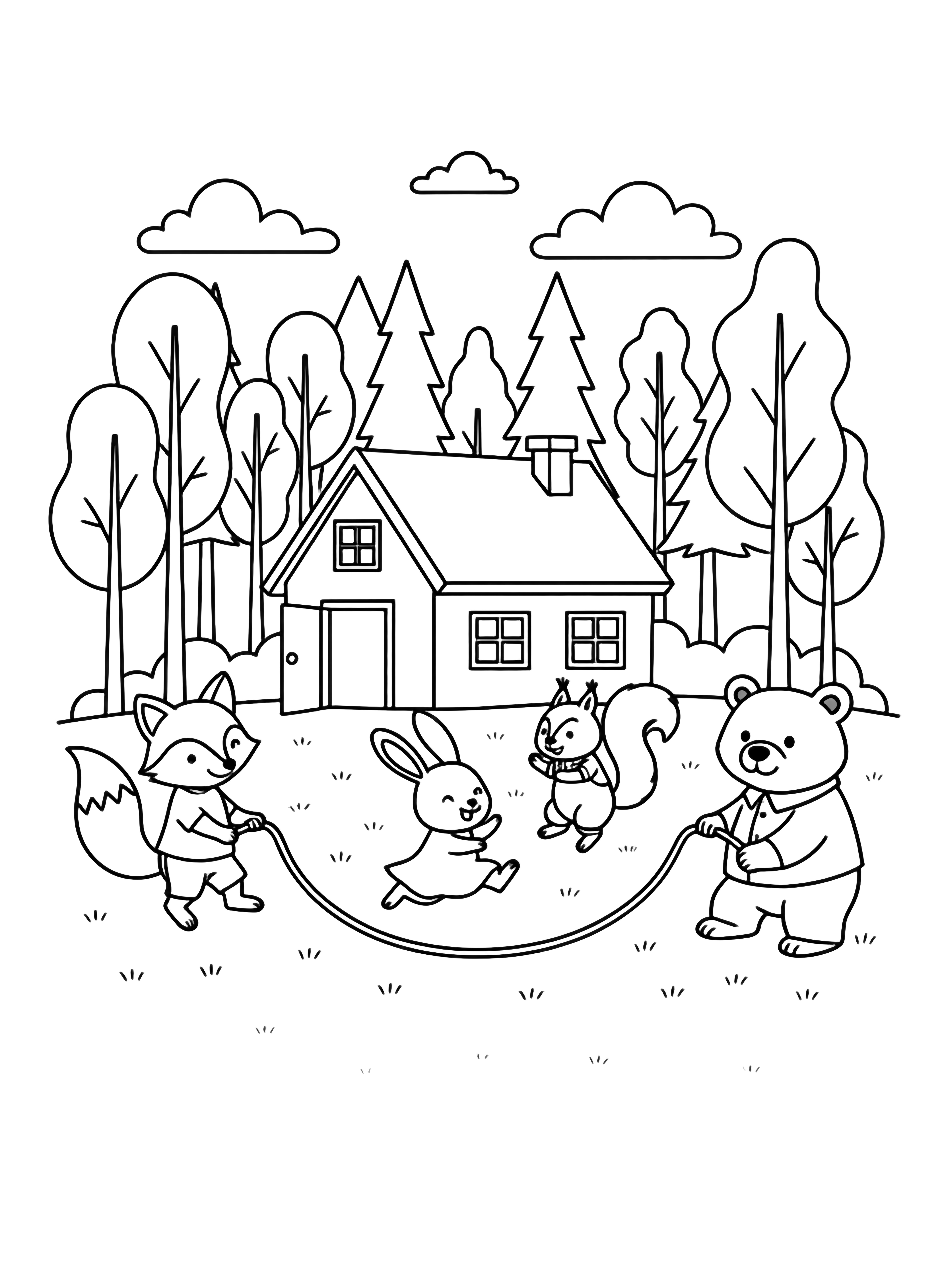 illustration on a Playful forest animals fox bunny squirrel raccoon merrily turn a long jump rope in a grassy clearing; behind them stands a big simple cottage with open door and three plain windows surrounded by tall slender trees and clouds overhead clean black kleurplaat