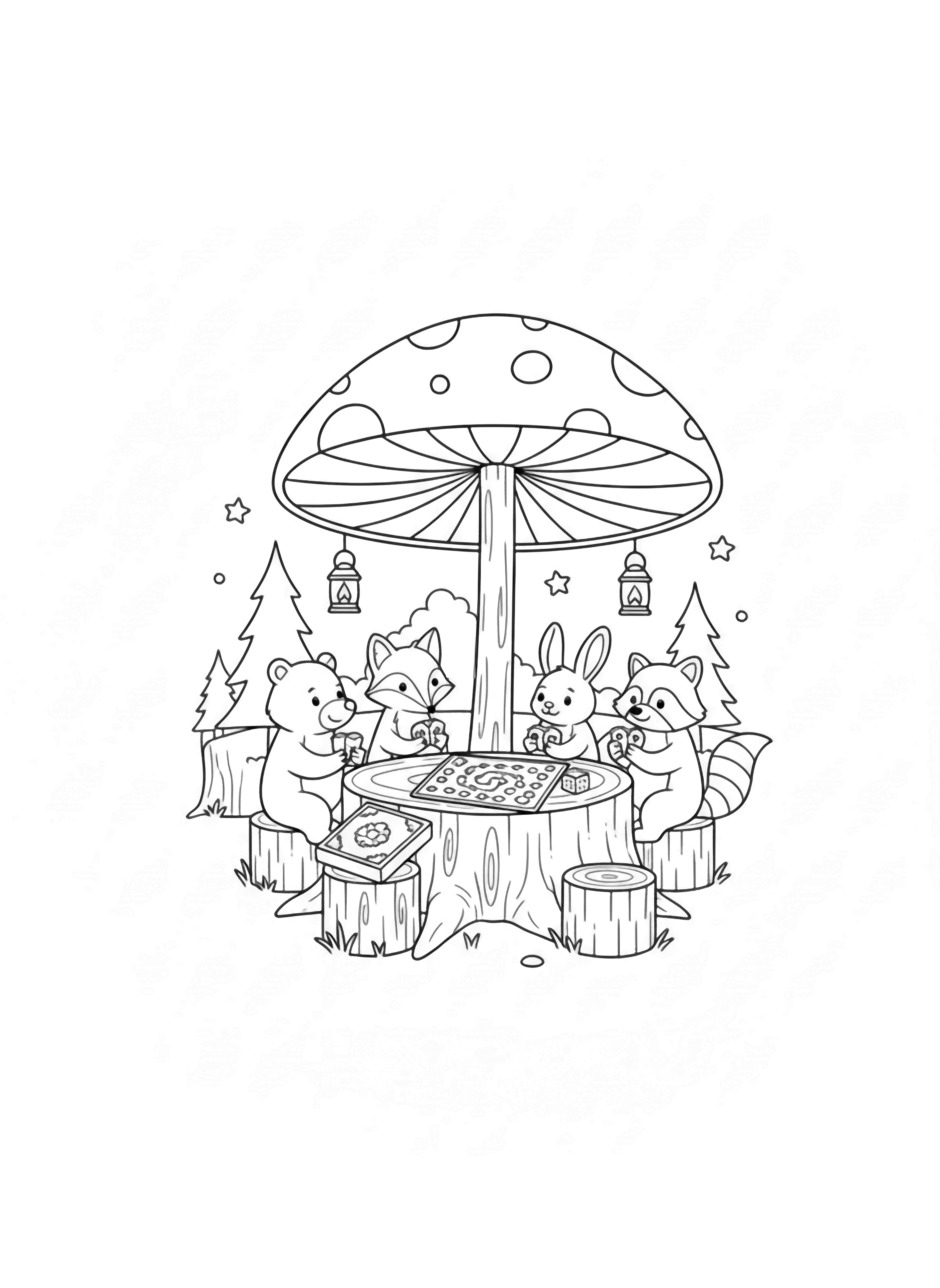 illustration on a A bear fox rabbit and raccoon sit in a circle on a large tree stump table playing cards under a big mushroom umbrella; behind them a tiny campfire two hanging lanterns simple pines and stars all bold empty outlines clean black kleurplaat