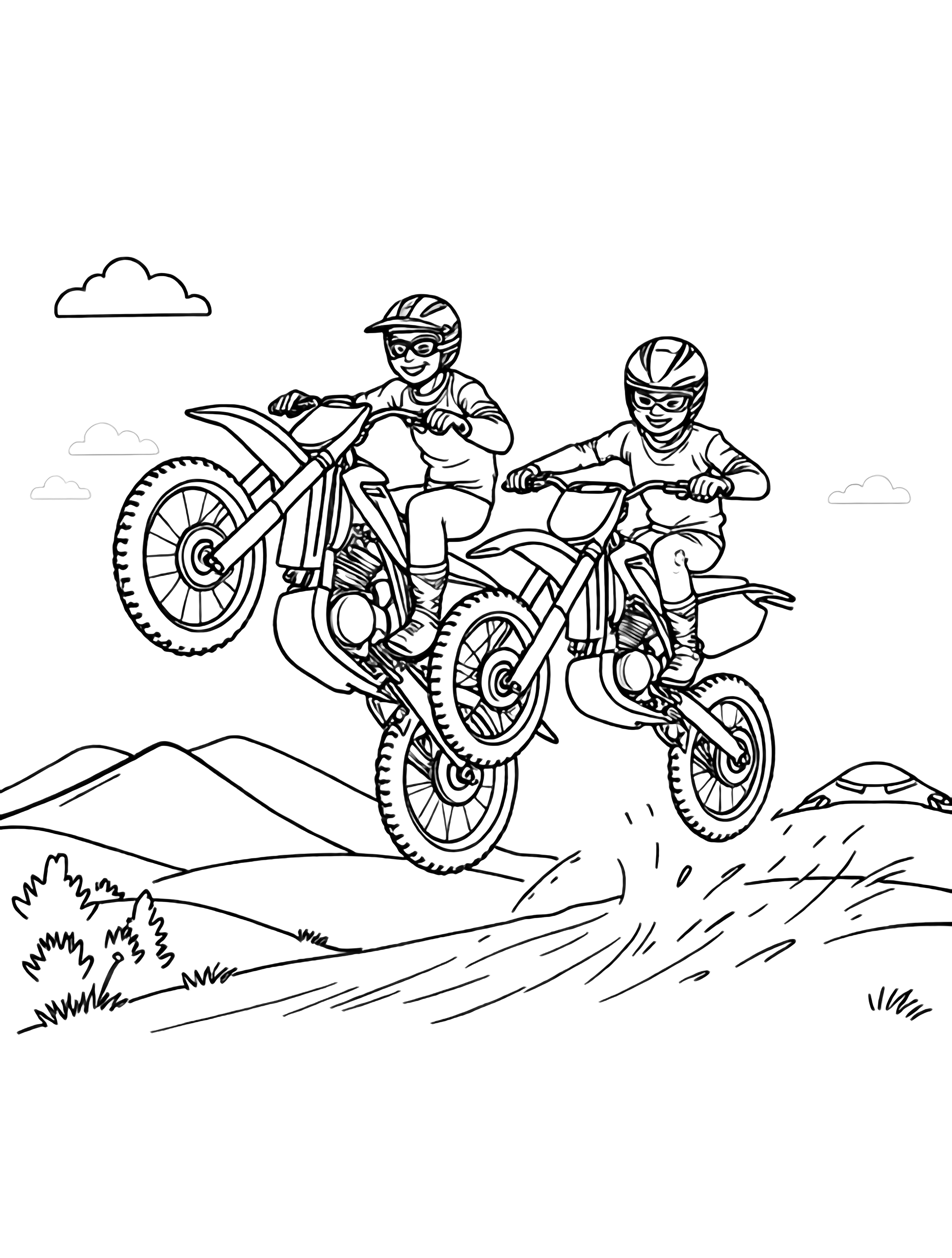 Two smiling adult riders pop wheelies on separate motocross bikes outdoors; simple hills and a few clouds form the background. kleurplaat