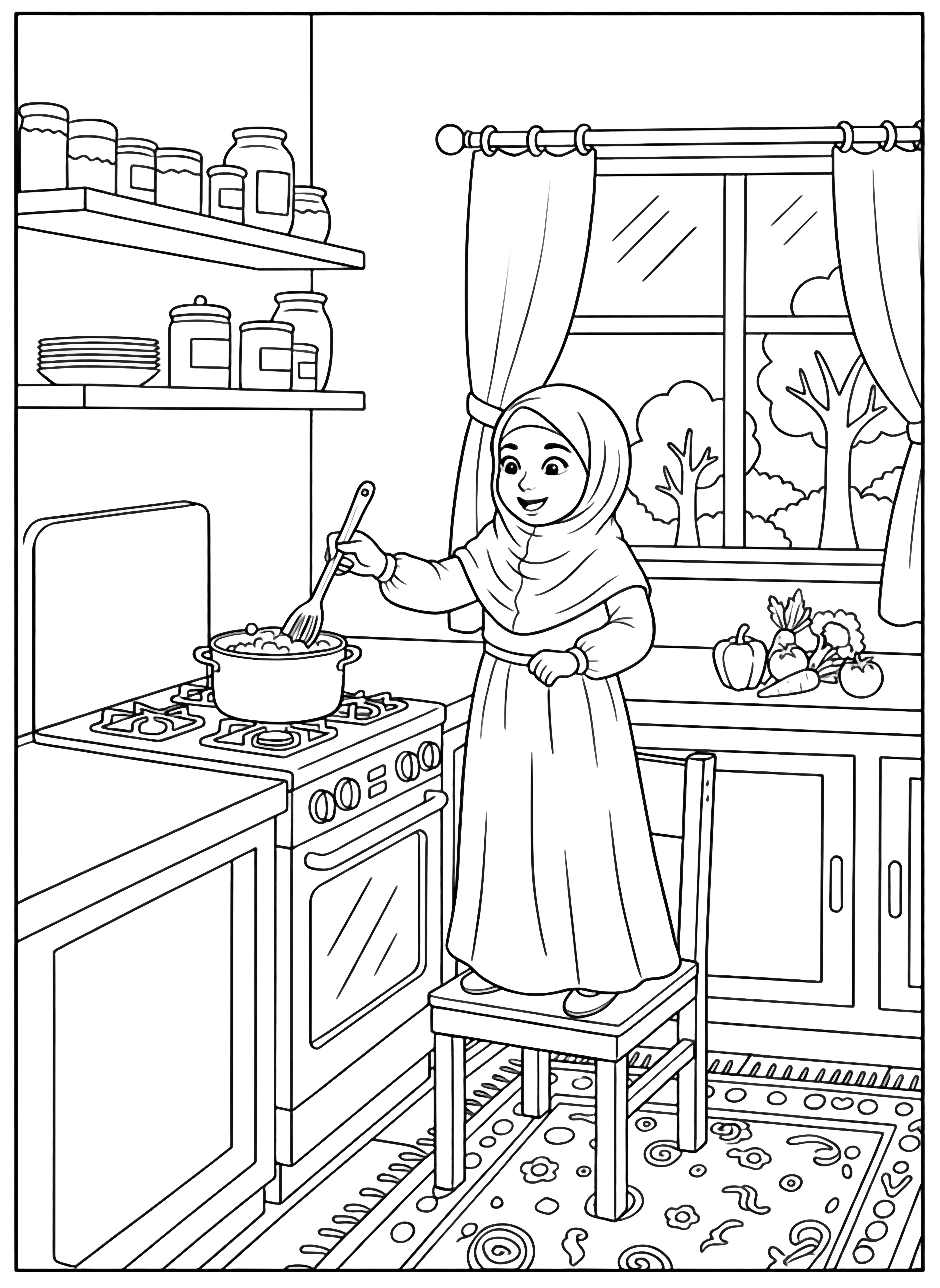 A black and white page showing a cheerful Muslim woman wearing a flowing hijab with elegant draped folds standing at a stove in a cozy kitchen She stirs a bubbling pot with a large spoon her face lit with a warm smile The kitchen is filled with charming details: steaming teacups on wooden clean black and white line drawing minimal shading no colour no fill kleurplaat