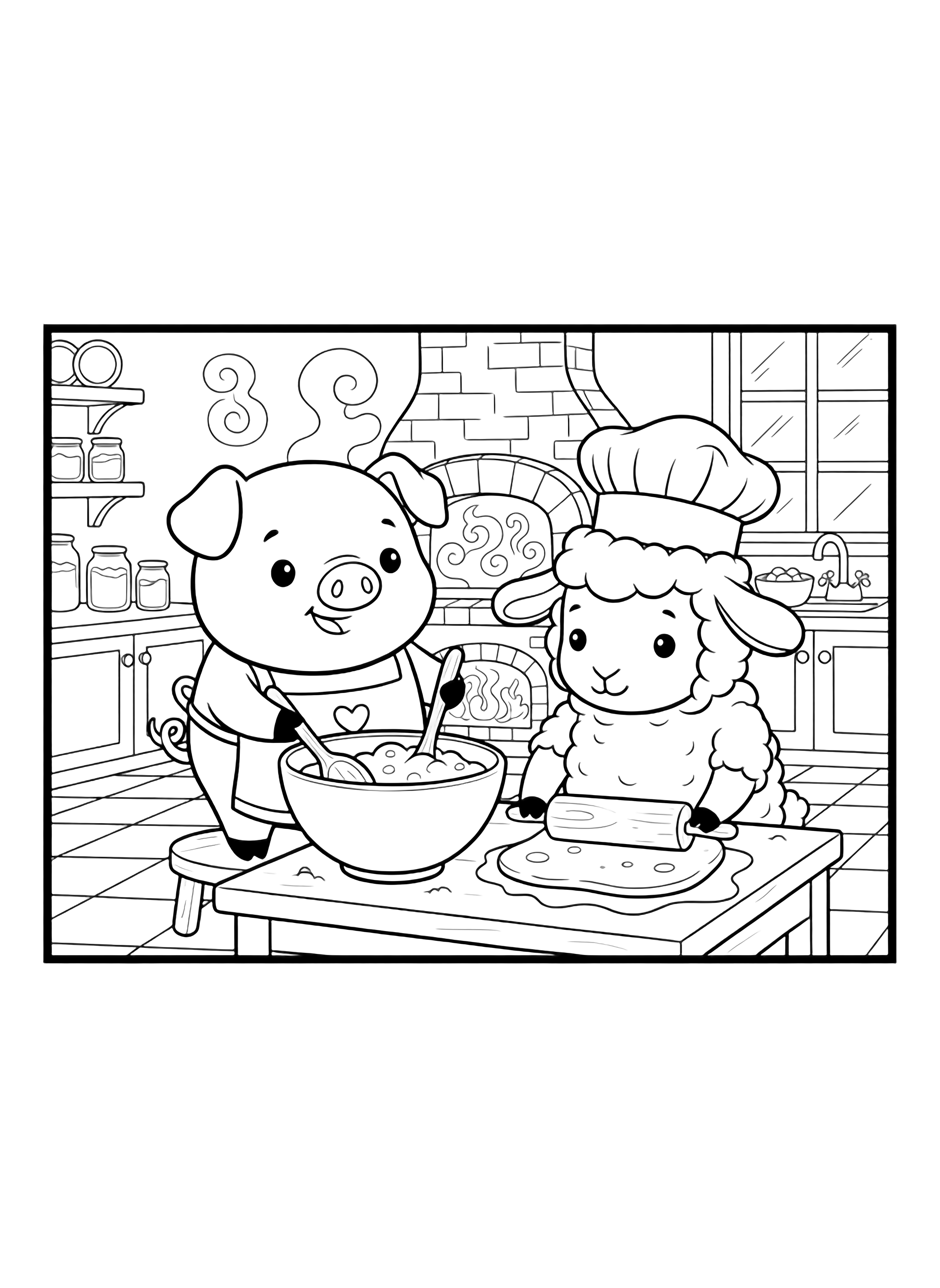 A black and white page showing a cheerful farm kitchen where adorable animals bake together A plump pig wearing a tiny apron shaped like a heart stirs cookie dough in a big bowl with a wooden spoon A fluffy sheep wearing a baker's hat rolls out dough with a rolling pin its dot eyes sparkling with joy clean black and white line drawing minimal shading no colour no fill kleurplaat