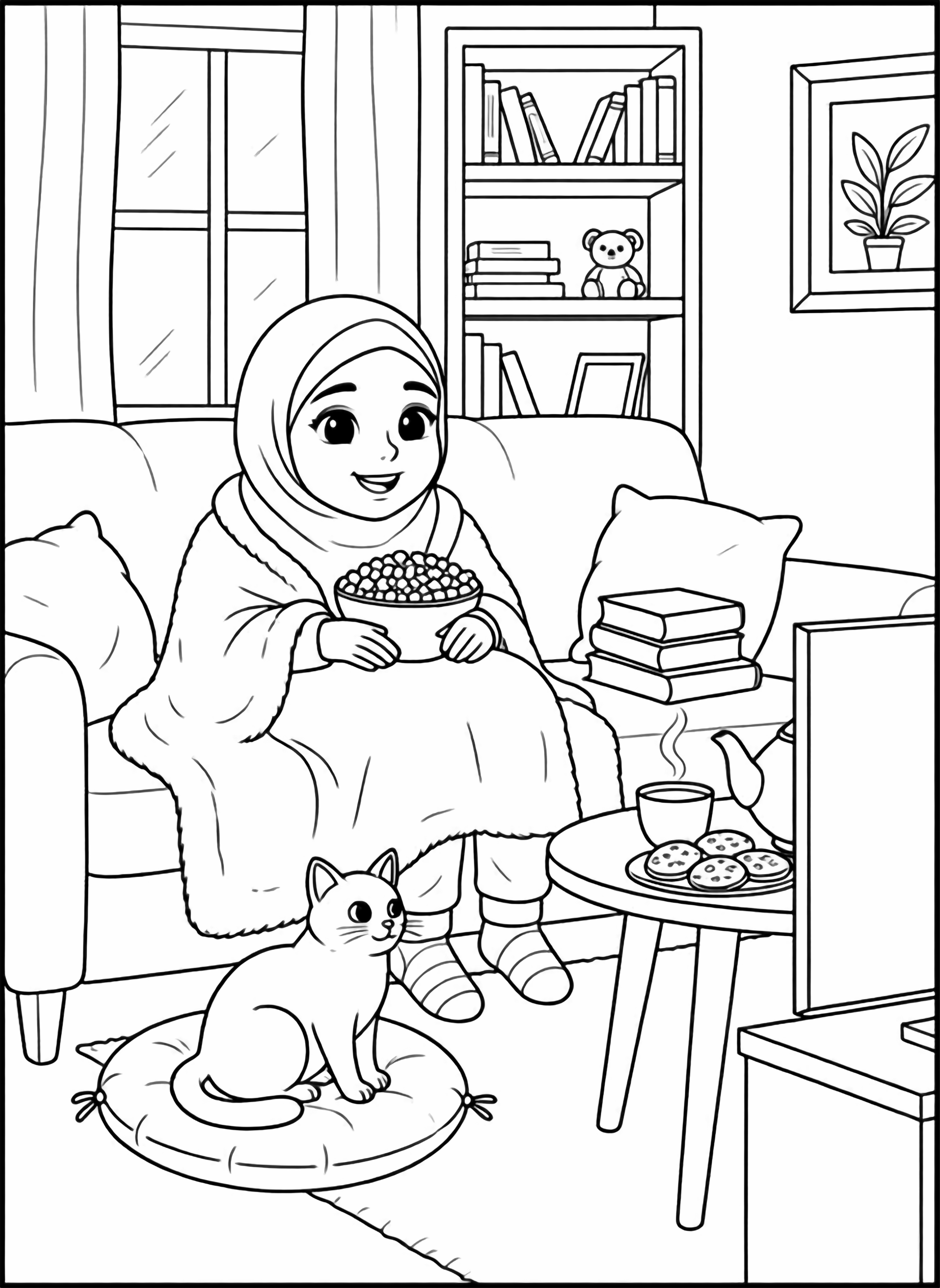 A black and white page showing a cozy living room scene: a happy little Muslim girl snuggled under a fluffy blanket on a big sofa a plate of cookies on her lap her feet in fluffy socks poking out A steaming teapot and a small cup sit on a low table beside her The clean black and white line drawing minimal shading no colour no fill kleurplaat