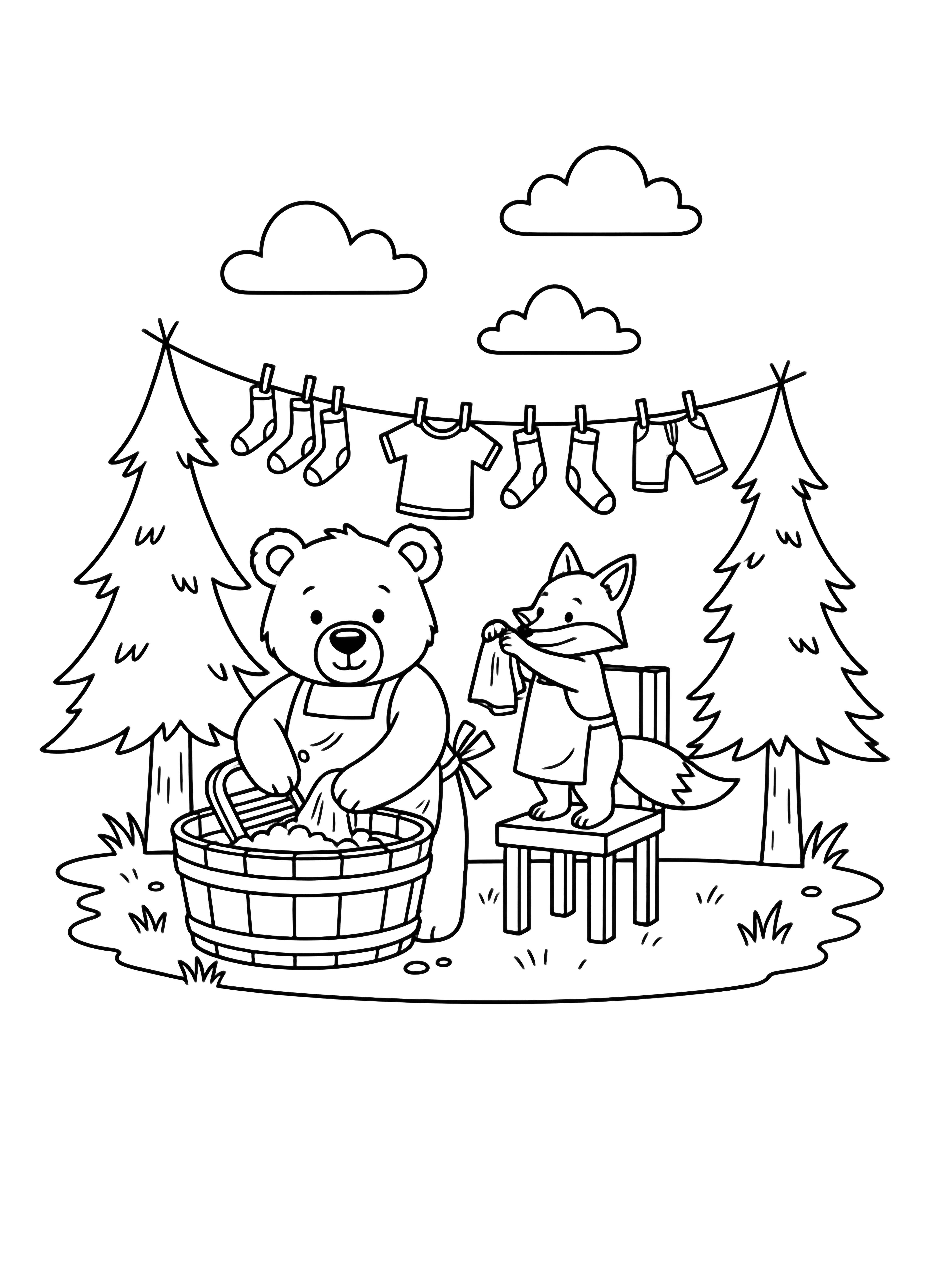 illustration on a pure Forest animals wash clothes in a tub then hang socks shirts and tiny pants on a line between two pines; cheerful bear scrubs fox wrings rabbit pins simple grass clouds above clean black pure NO fills NO grayscale NO shading NO cross hatching NO solid areas kleurplaat