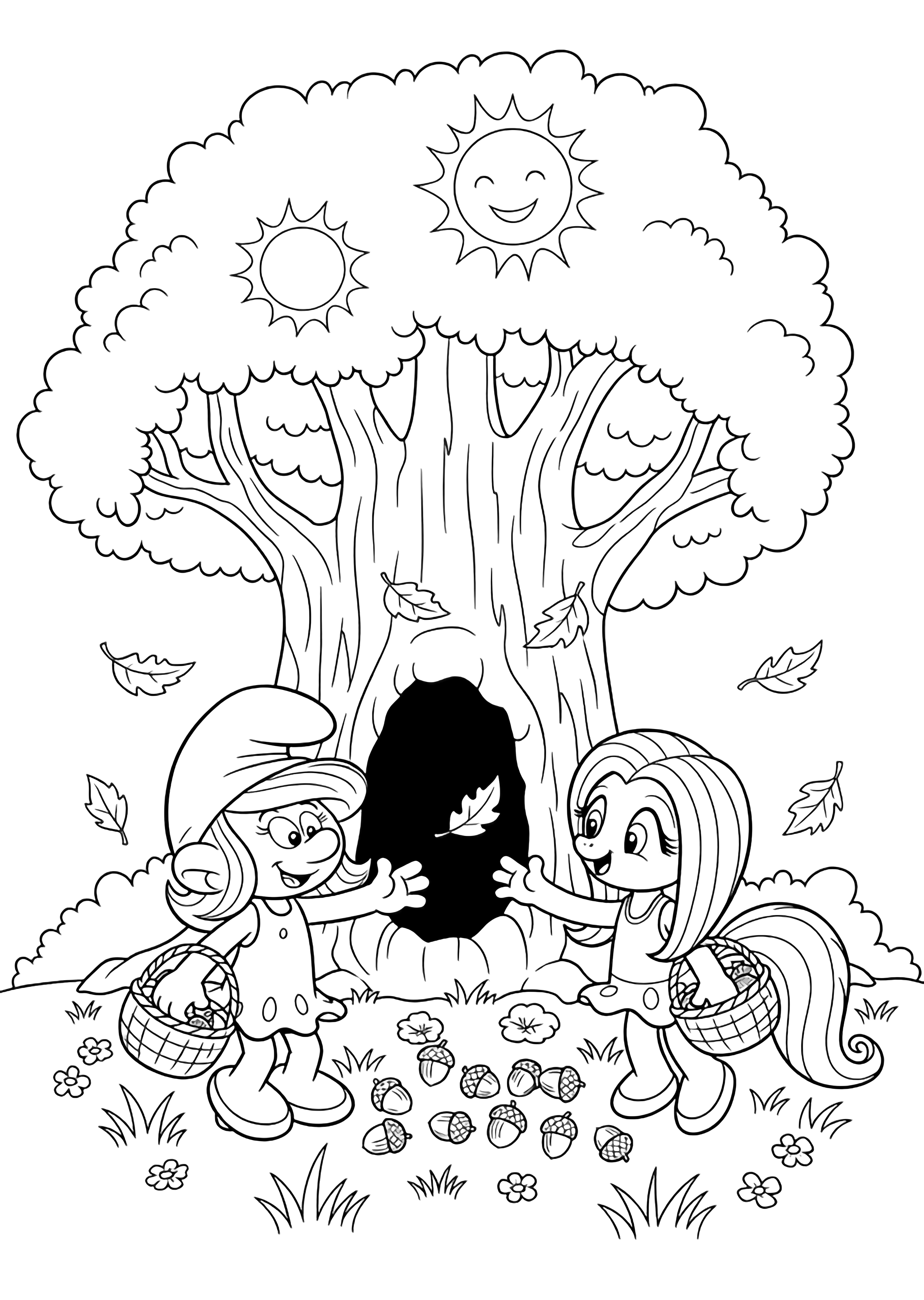 Smurfette and Fluttershy gather acorns under a hollow tree, baskets on arms, grass, tiny flowers, drifting leaves, smiling sun above. kleurplaat