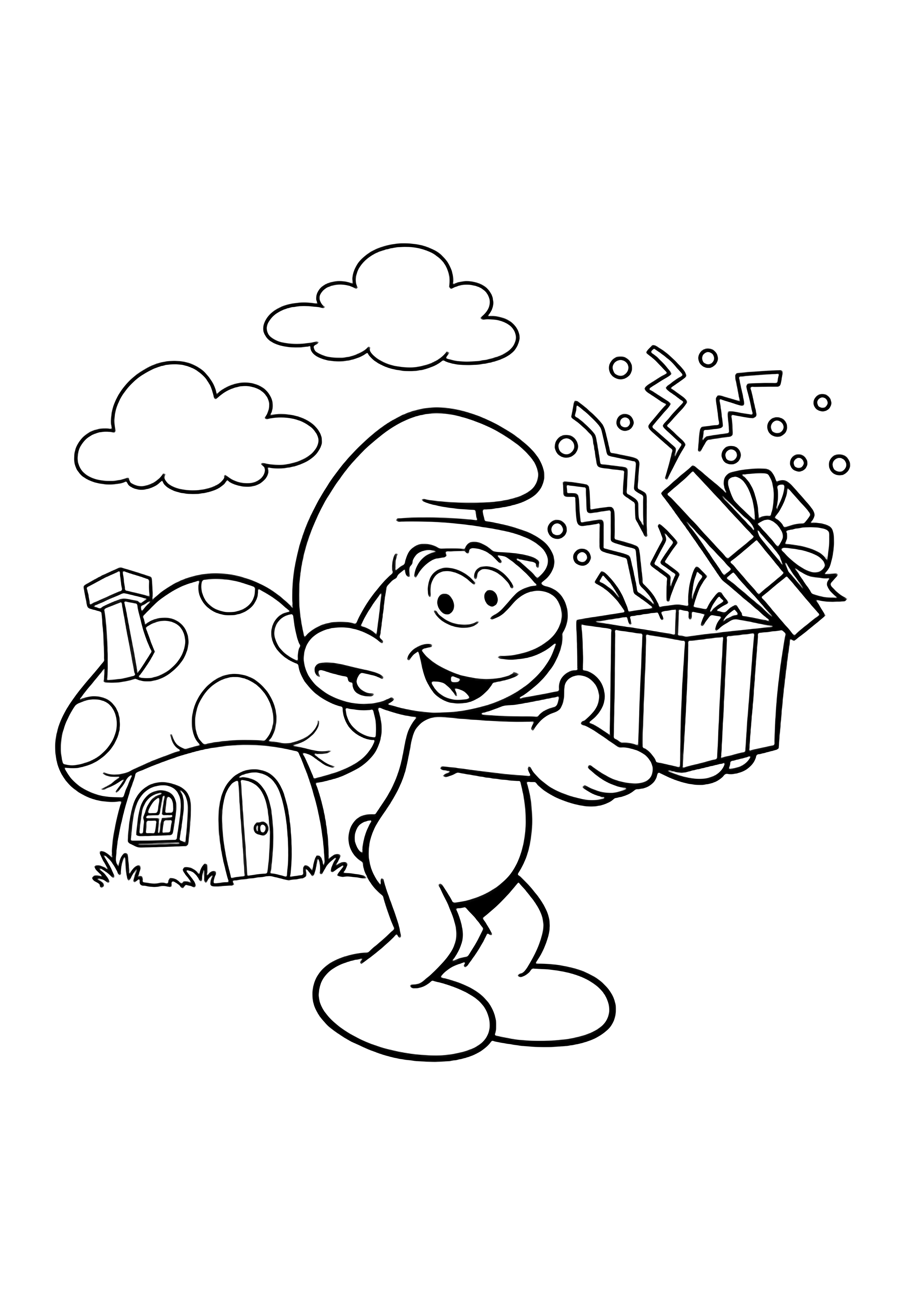 Jokey Smurf stands arms wide, offering a slightly open gift box from which confetti bursts; behind him, a mushroom house and clouds. kleurplaat