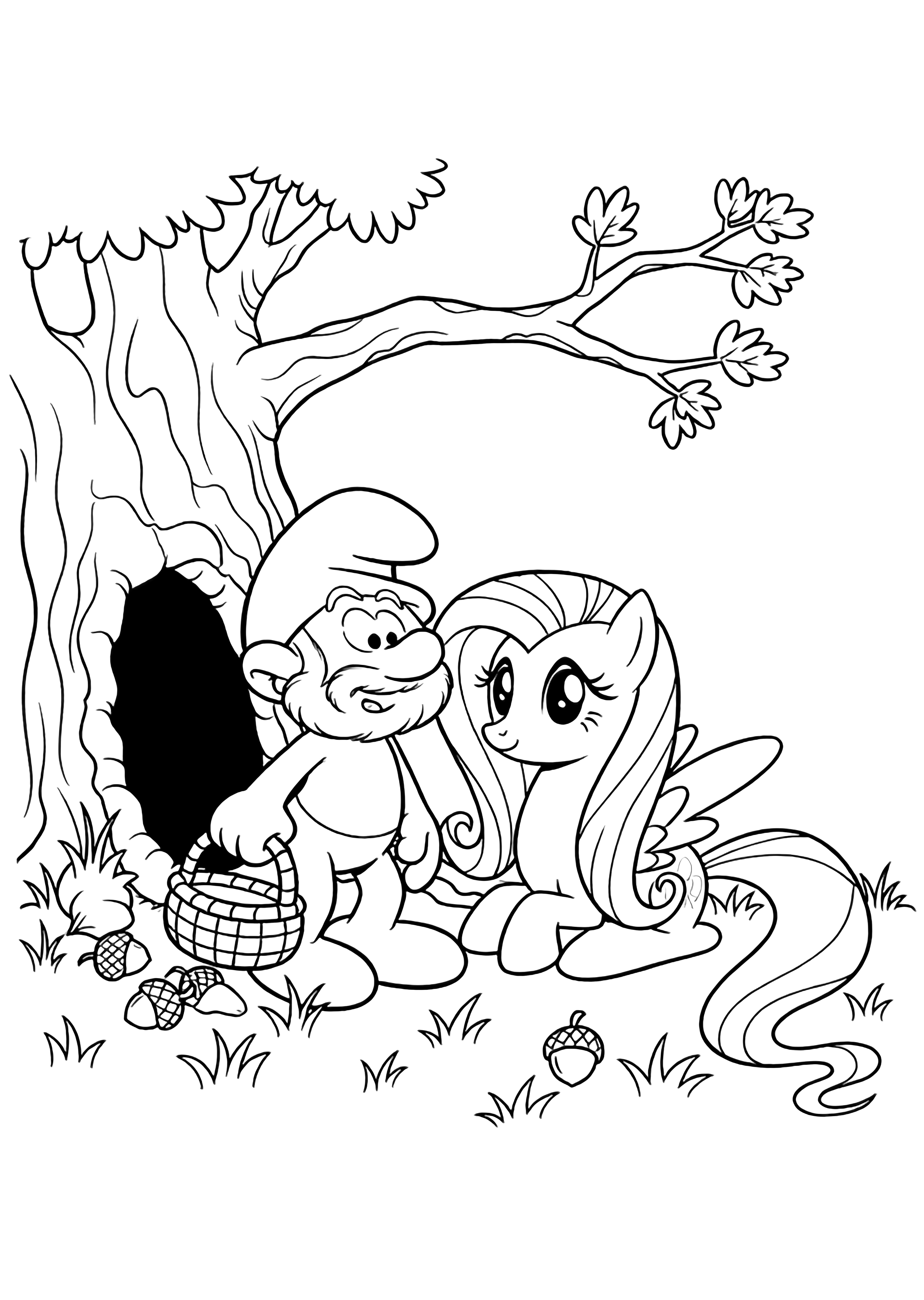 Papa Smurf stands beneath a hollow oak clutching a woven basket; Fluttershy kneels beside him, tail curled, songbirds perched in her mane, acorns scattered on the grass. kleurplaat