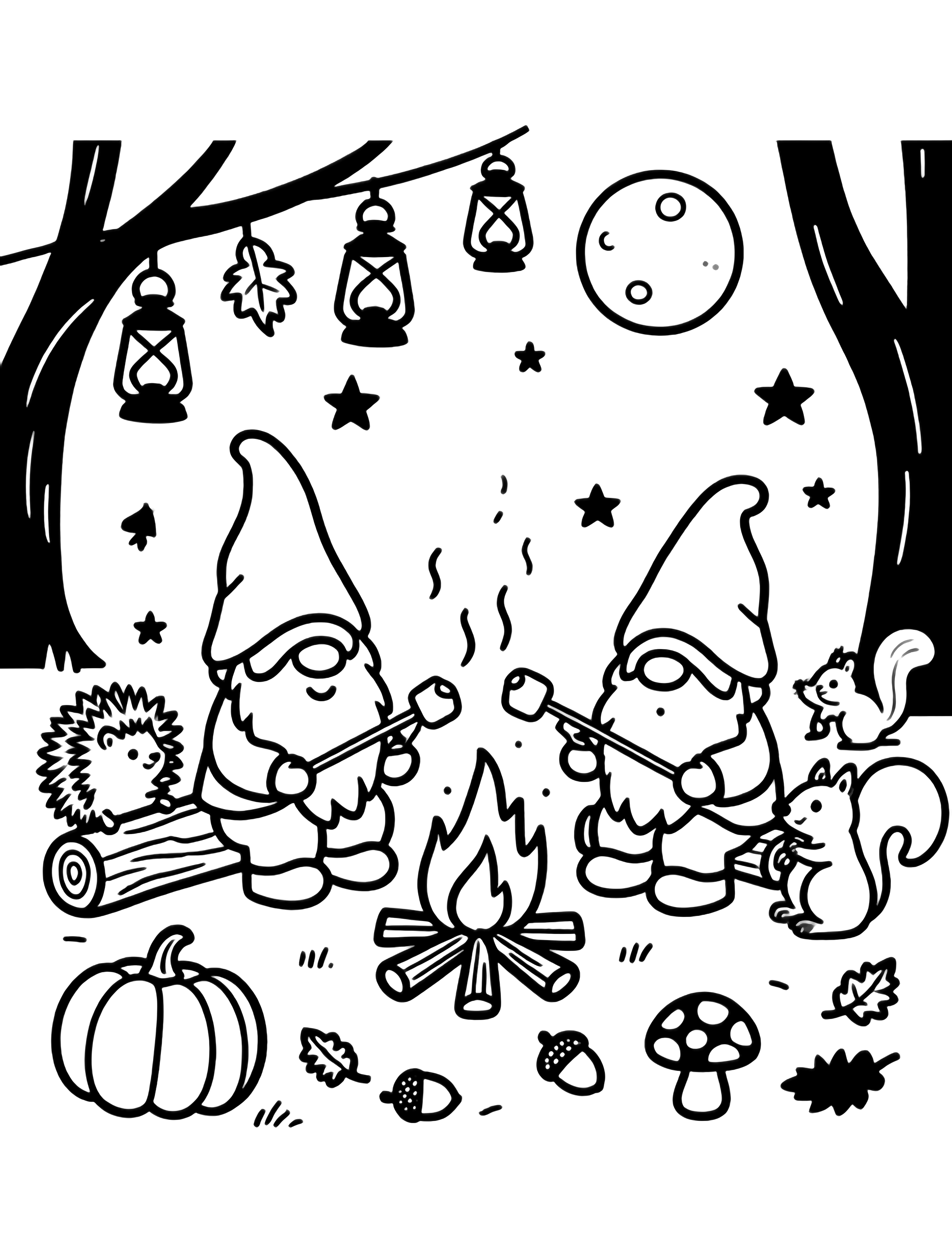 illustration on a Friendly gnomes in pointy hats sit roasting marshmallows round a circular campfire pumpkins acorns scattered leaves; lanterns hang overhead hedgehogs and squirrels peek from logs mushrooms dot ground stars and big moon fill sky all in clear black outlines clean black kleurplaat