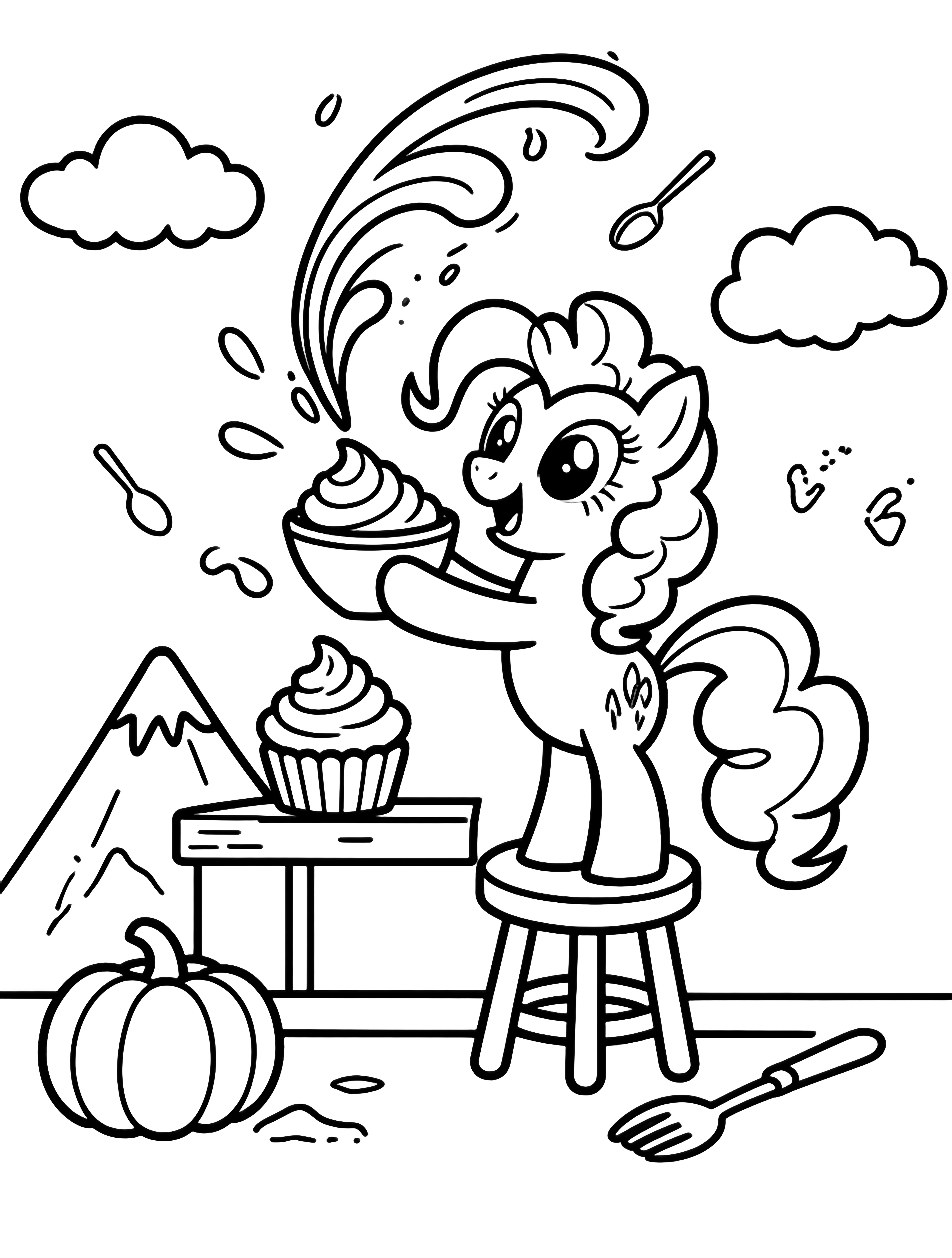 Pinkie Pie on a stool pours frosting that billows over pumpkin-cupcake peaks while flour clouds and utensils float around her beneath a kitchen shelf. kleurplaat
