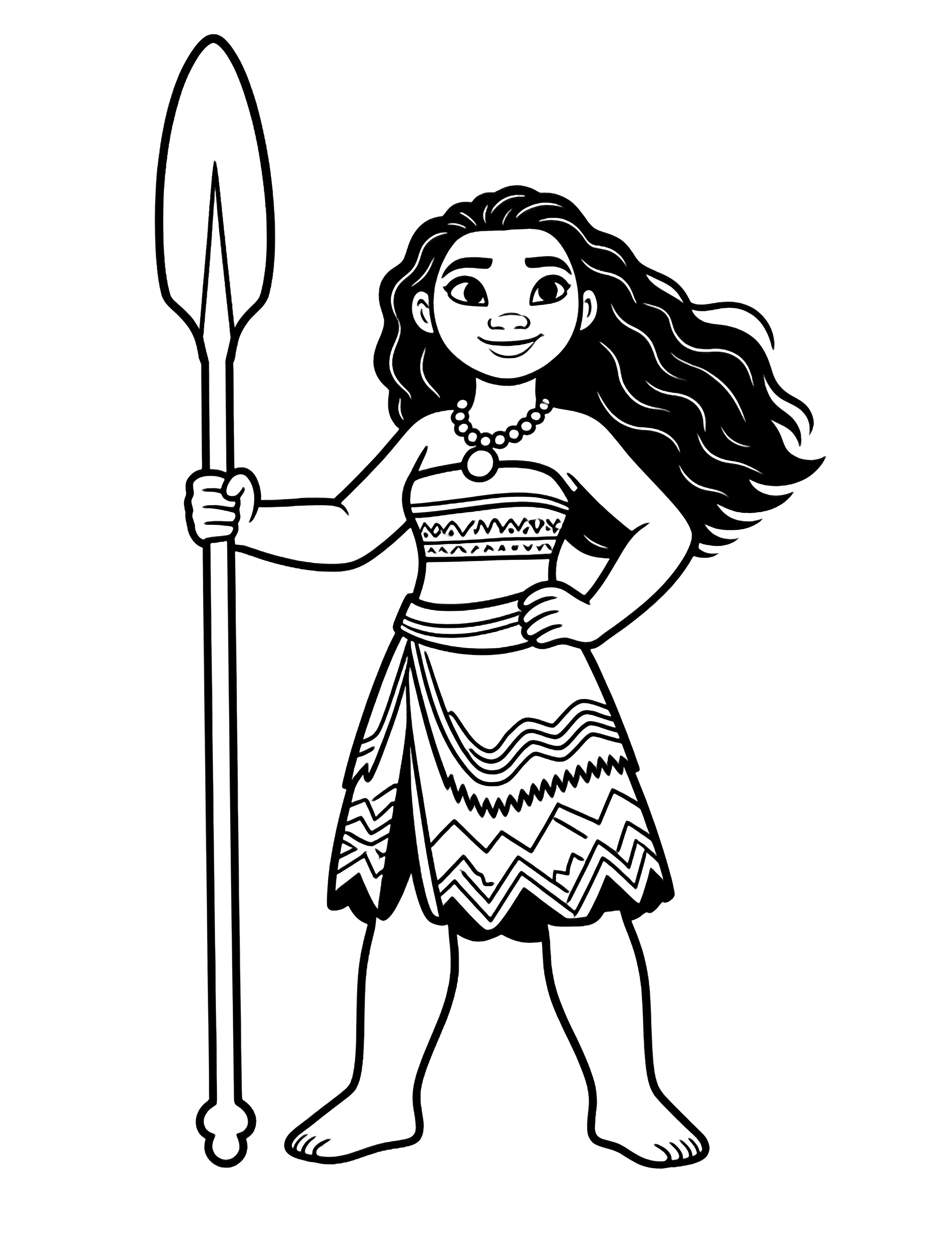 Moana stands with feet apart, one hand on her hip, the other holding her oar across her shoulder; her hair flows and she wears a simple necklace. kleurplaat