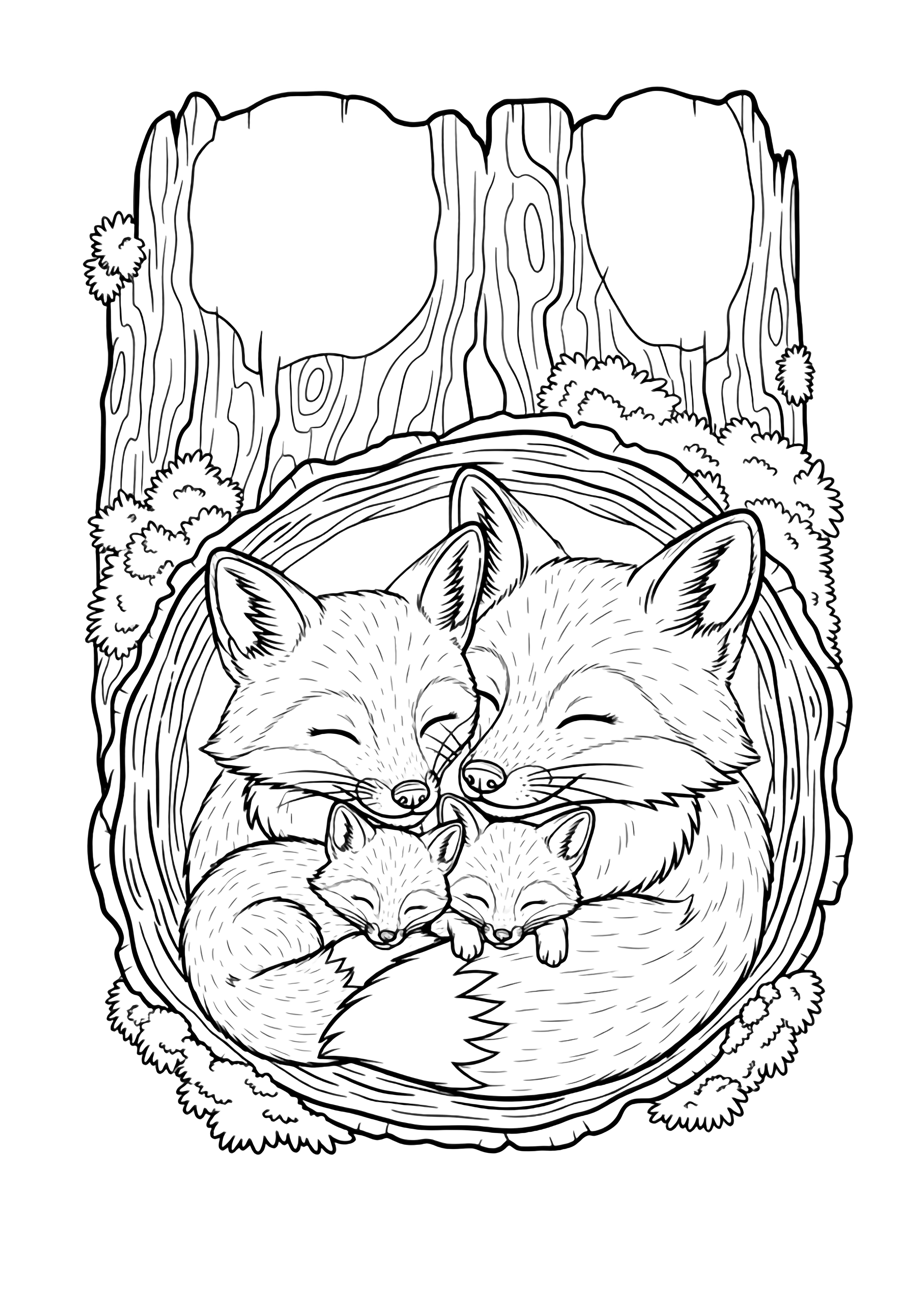 Two fox cubs snuggle between their sleeping parents inside a hollow log lined with moss. kleurplaat