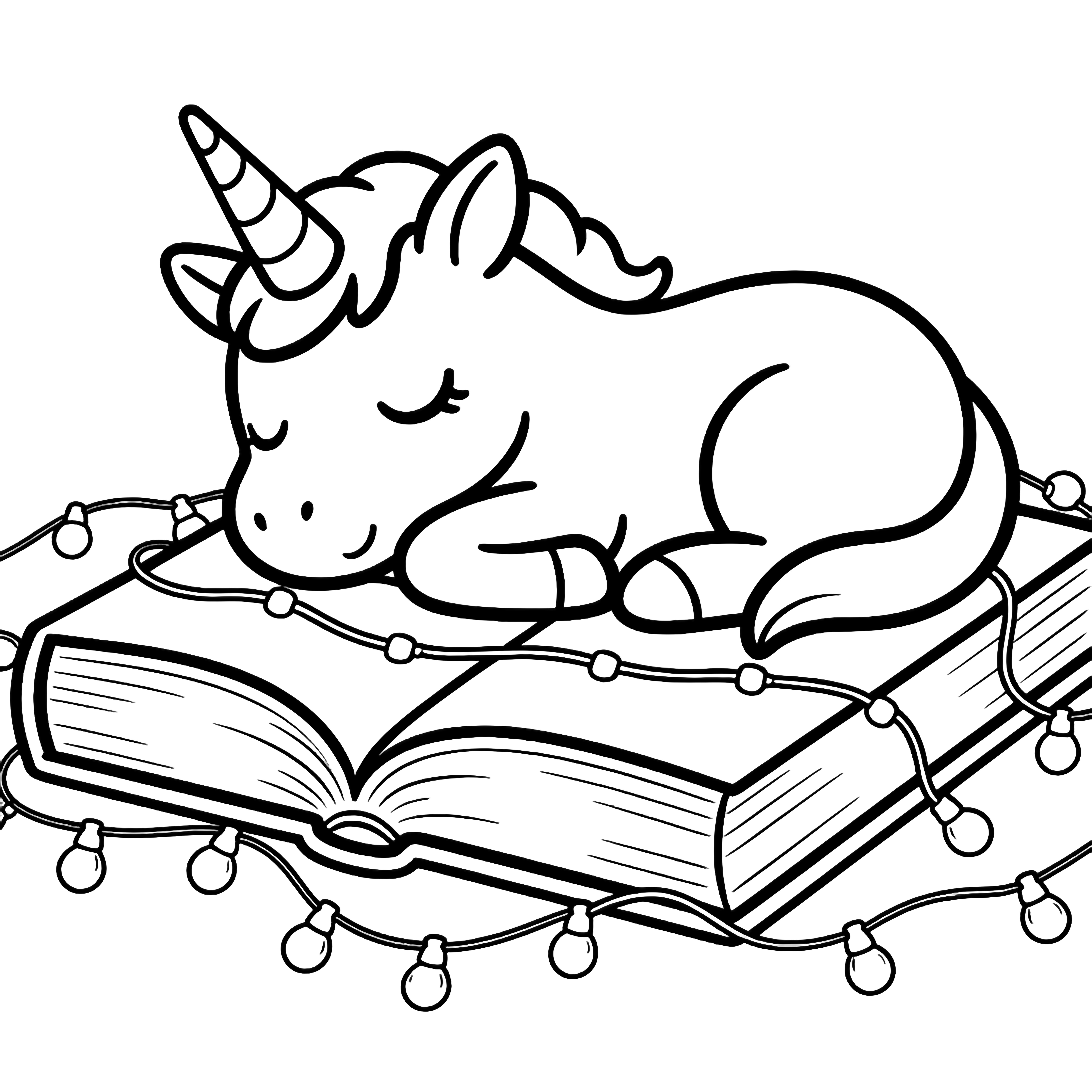 A smiling unicorn sleeps curled atop an open giant book, fairy lights loosely looped around it. kleurplaat
