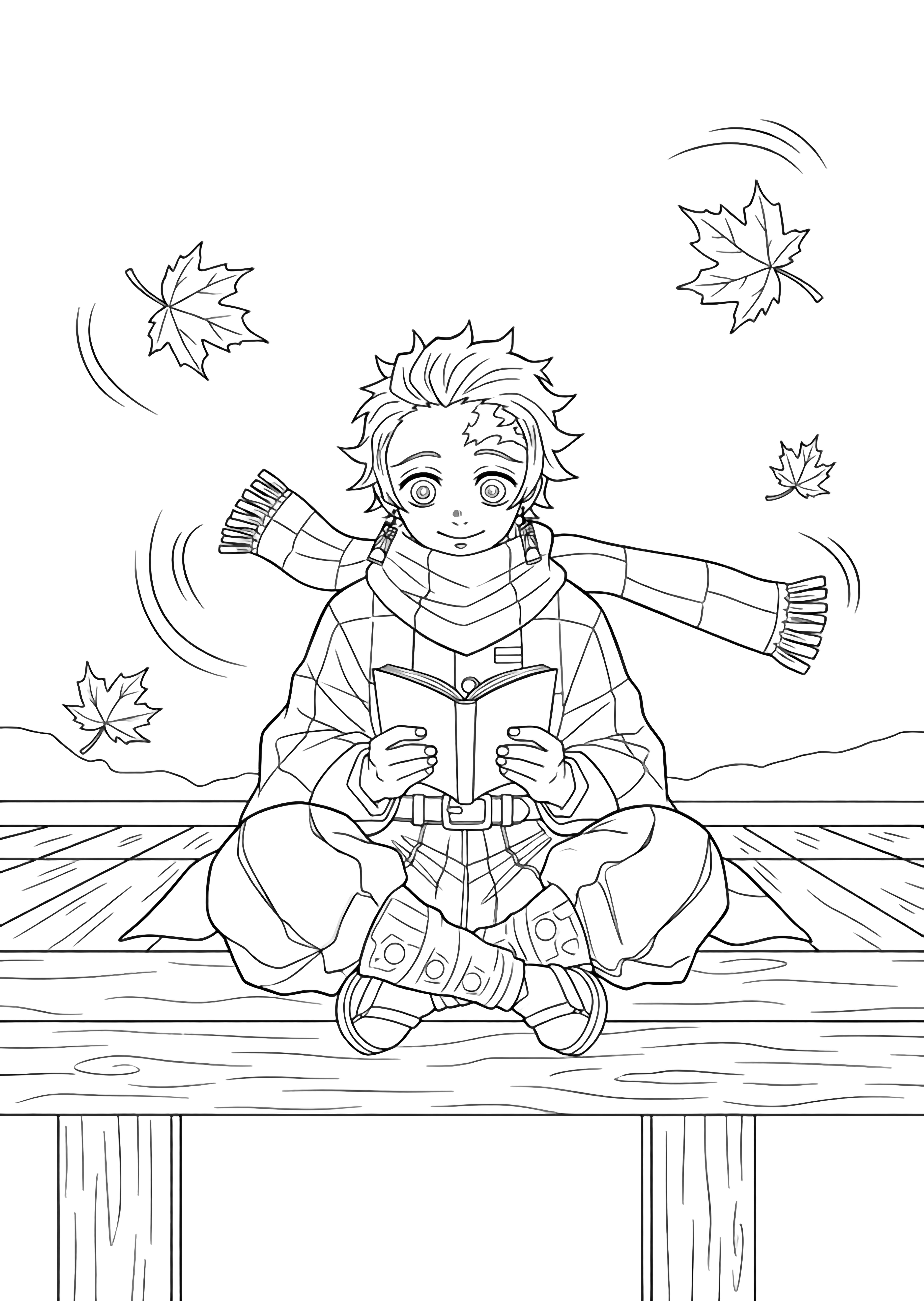 Tanjiro Kamado sits cross-legged on a porch beam, smiling behind an open book while maple leaves drift around him and his scarf flutters in the breeze. kleurplaat