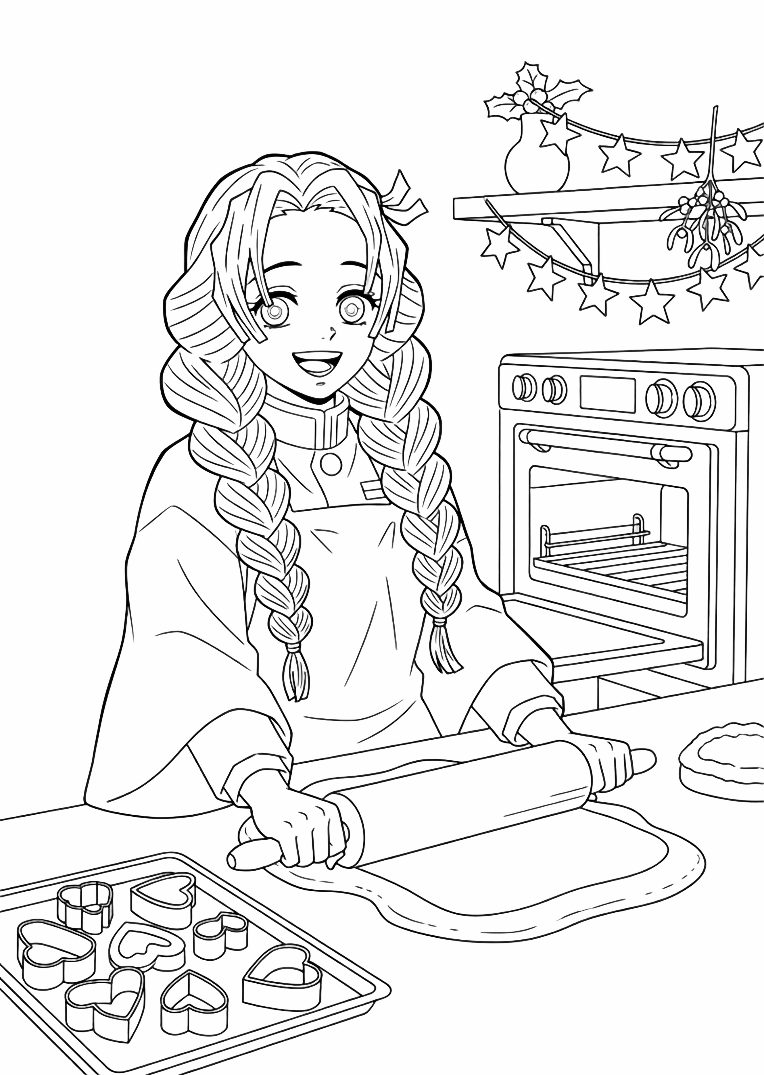 Mitsuri Kanroji smiles in an apron, rolling dough on a table beside heart cookie cutters, a tray, and an oven, under star garland and mistletoe on simple shelves. kleurplaat