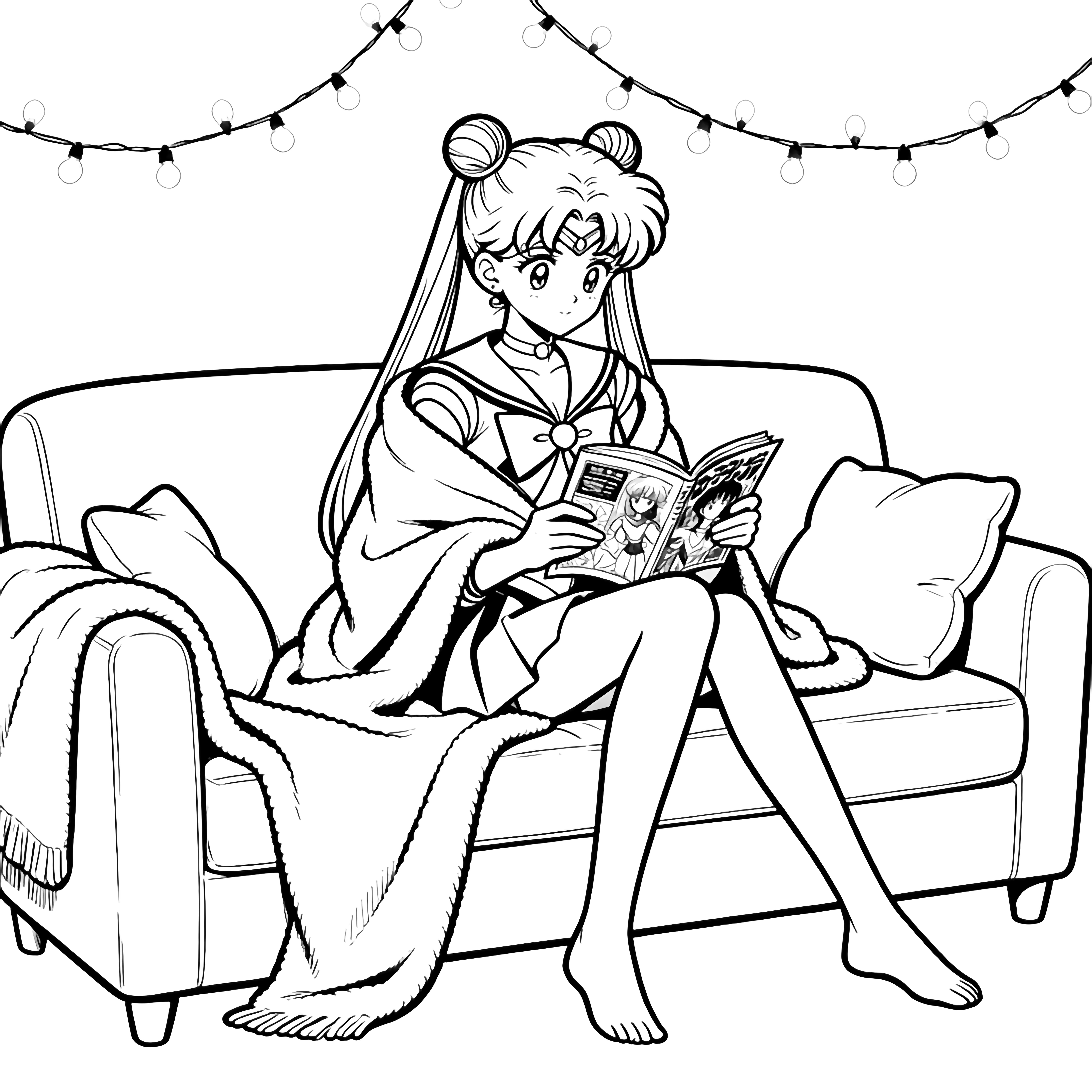 Sailor Moon wrapped in a blanket on a couch, reading manga, fairy lights and cushions around her. kleurplaat