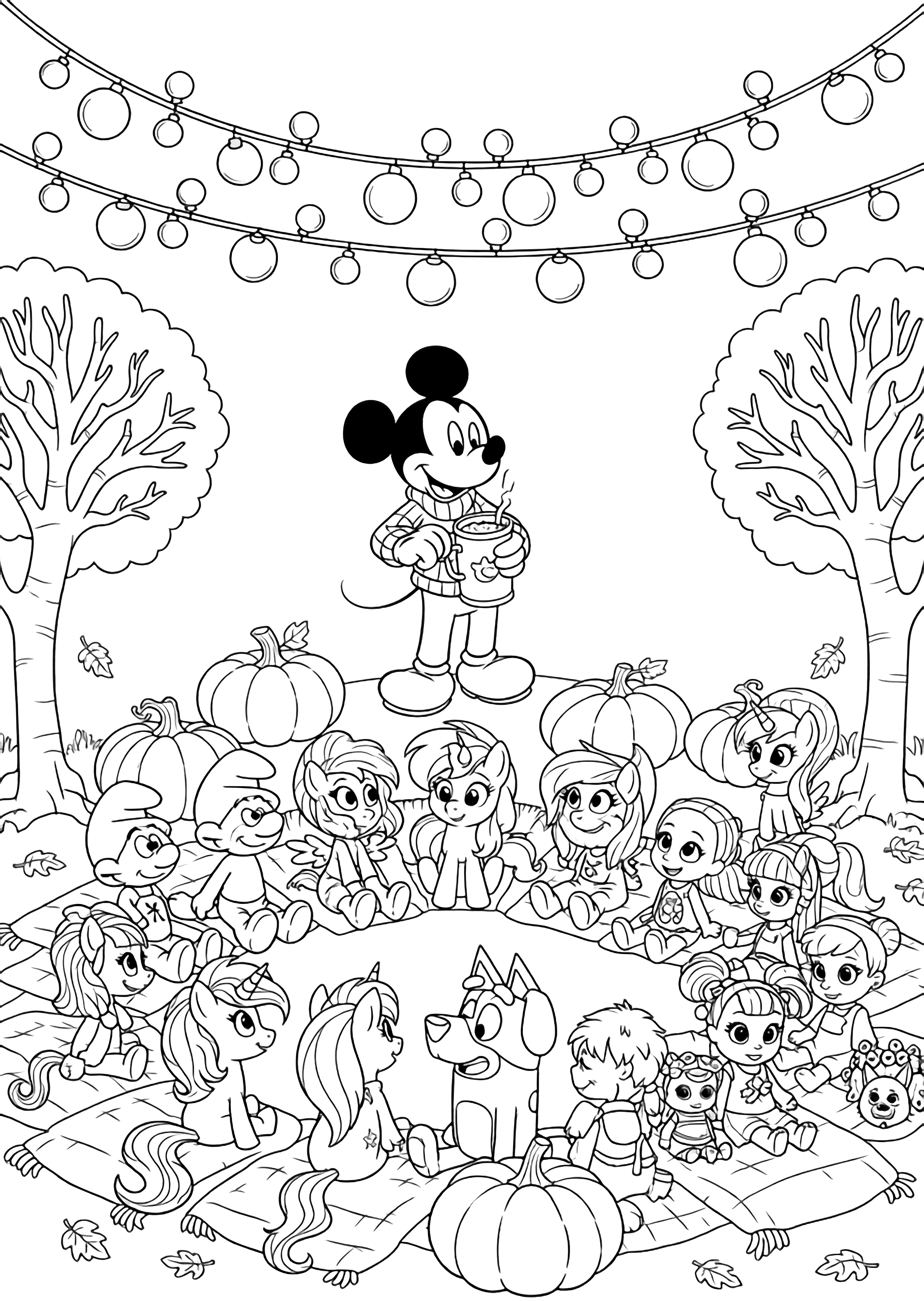 Mickey opens a cocoa thermos while Smurfs, pups, unicorns, ponies, Bluey and dolls sit in a pumpkin-and-blanket circle under fairy-light garlands, all smiling amid simple leafy trees. kleurplaat