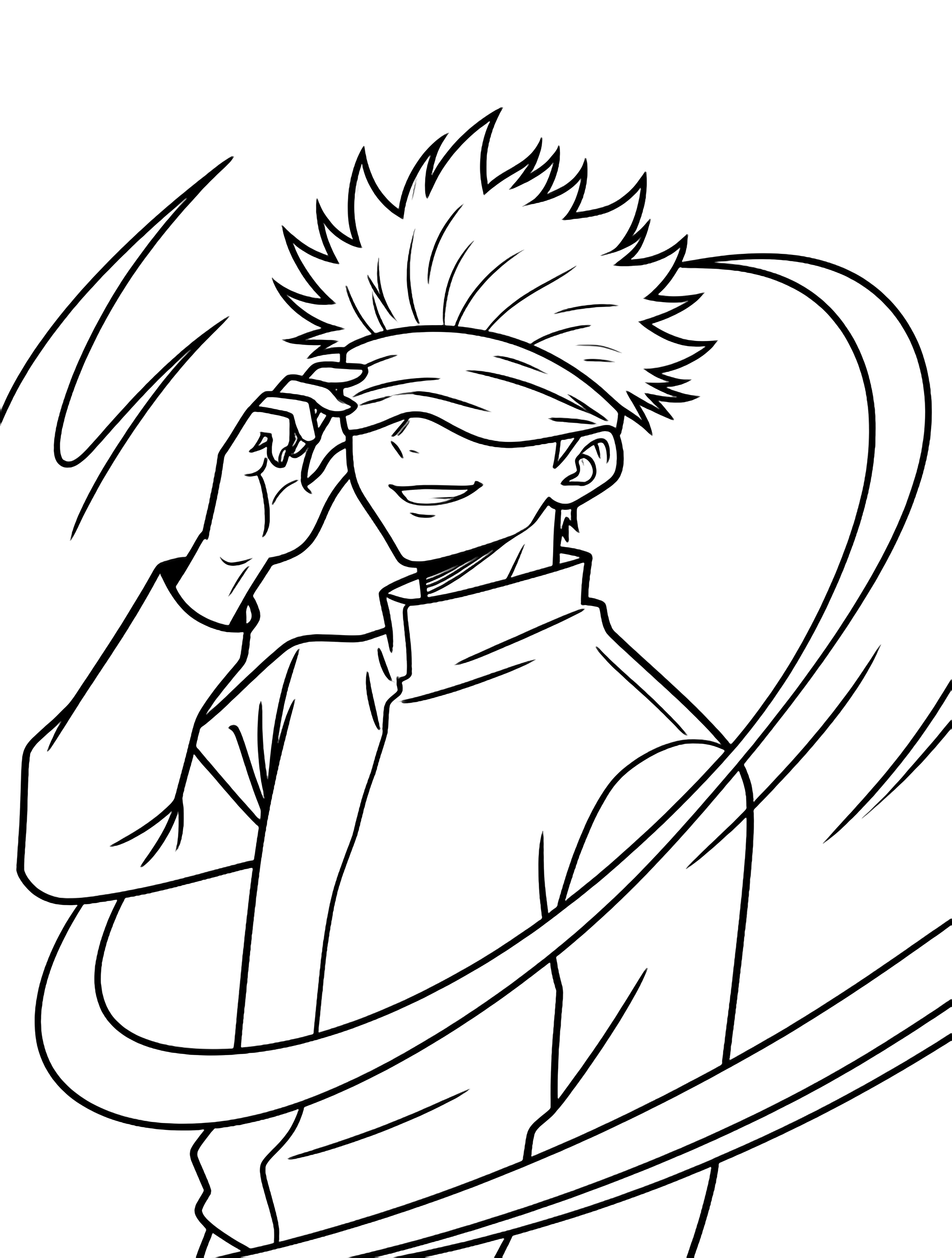 Gojo lifts his blindfold, one eye peeking out, calm smile, spiky hair flowing, speed lines behind him kleurplaat