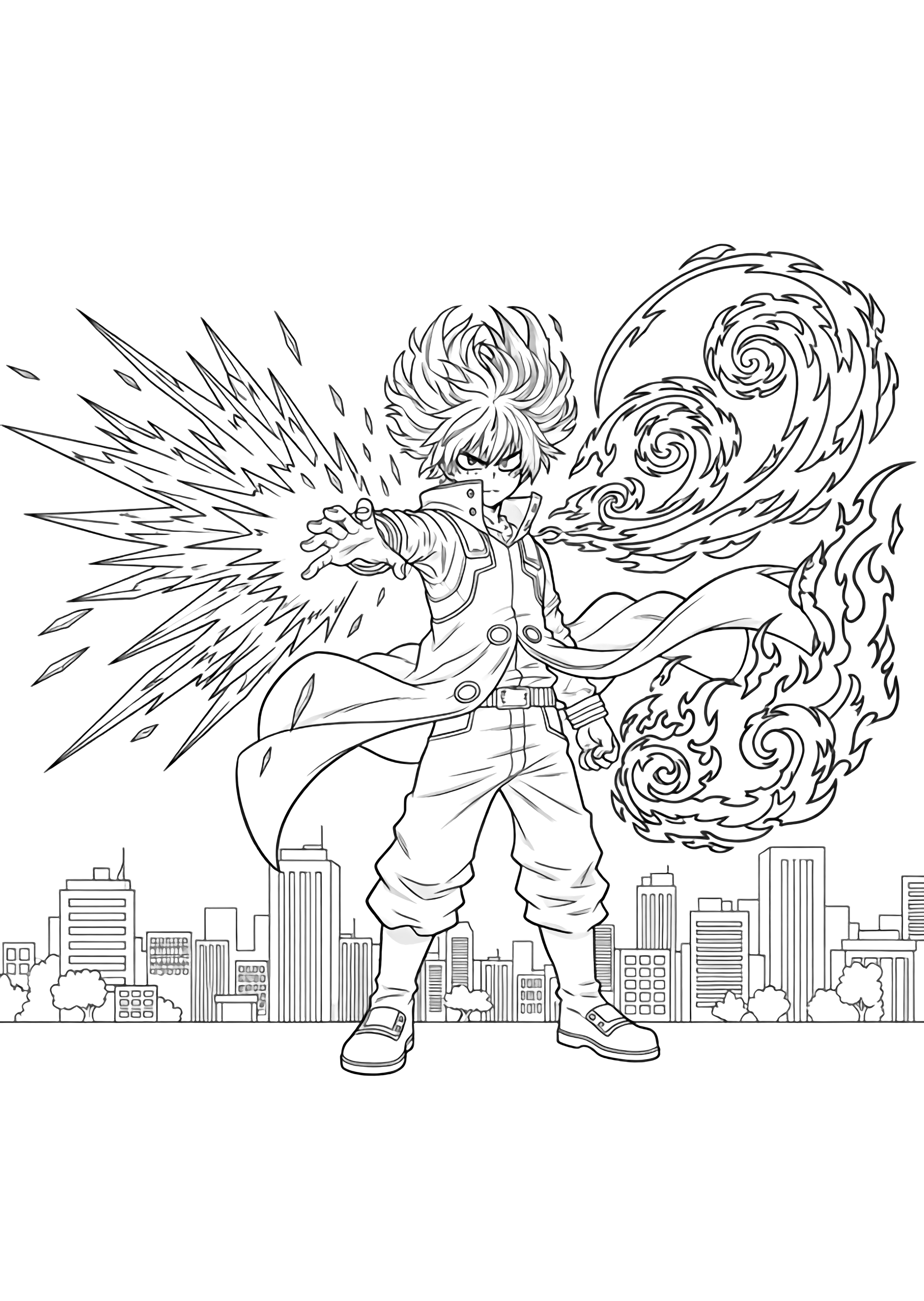 Shoto stands center, firing jagged ice spikes left, swirling flame tendrils right, hair and coat billowing, simple city skyline behind. kleurplaat