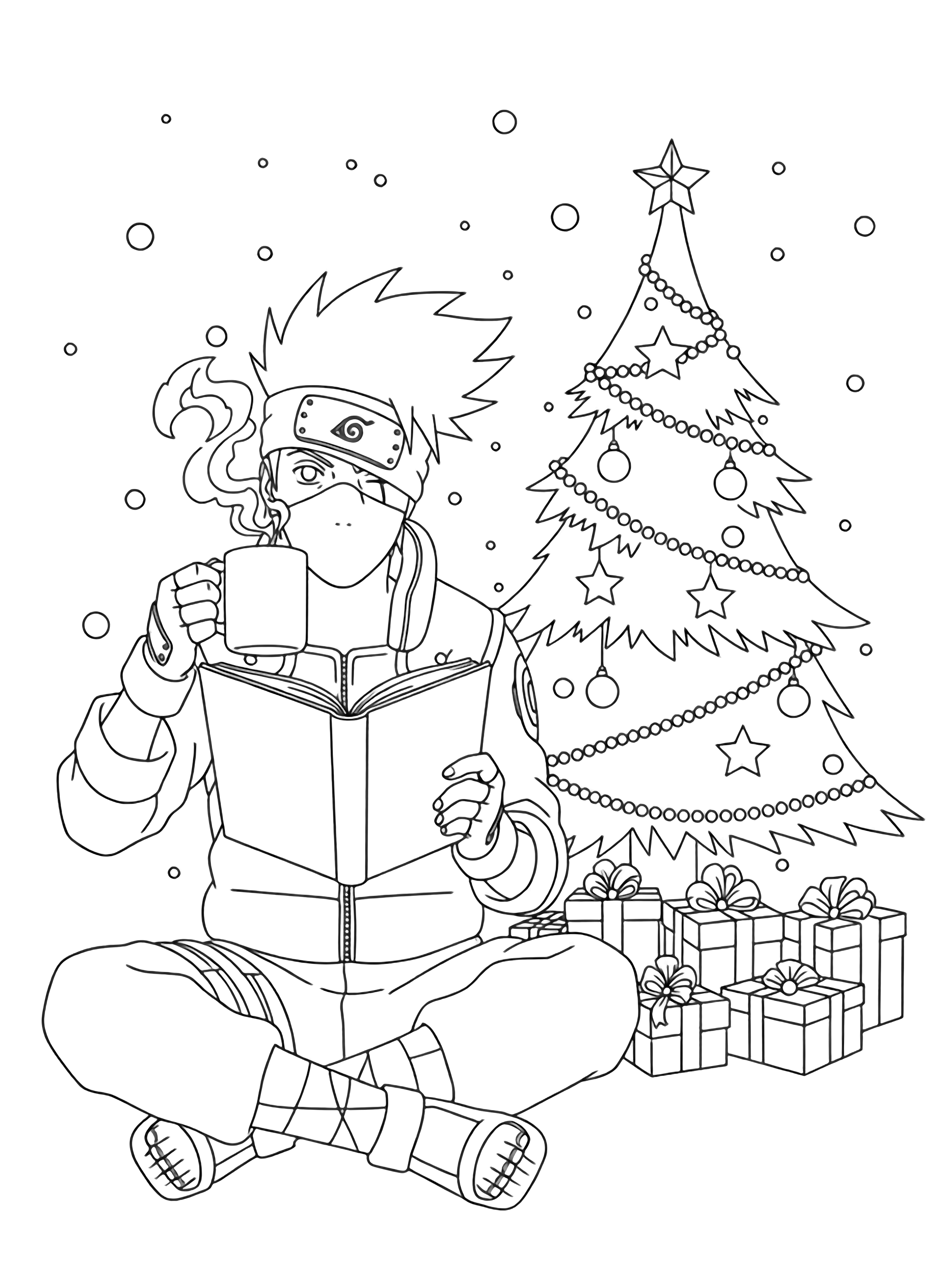 Kakashi zit met gekruiste benen, zijn gemaskerde geicht kijkt over zijn open boek terwijl hij een dampende mok vasthoudt; naast hem een kleine kerstboom met sterrenversiering en cadeaus, lichte sneeuwval. kleurplaat