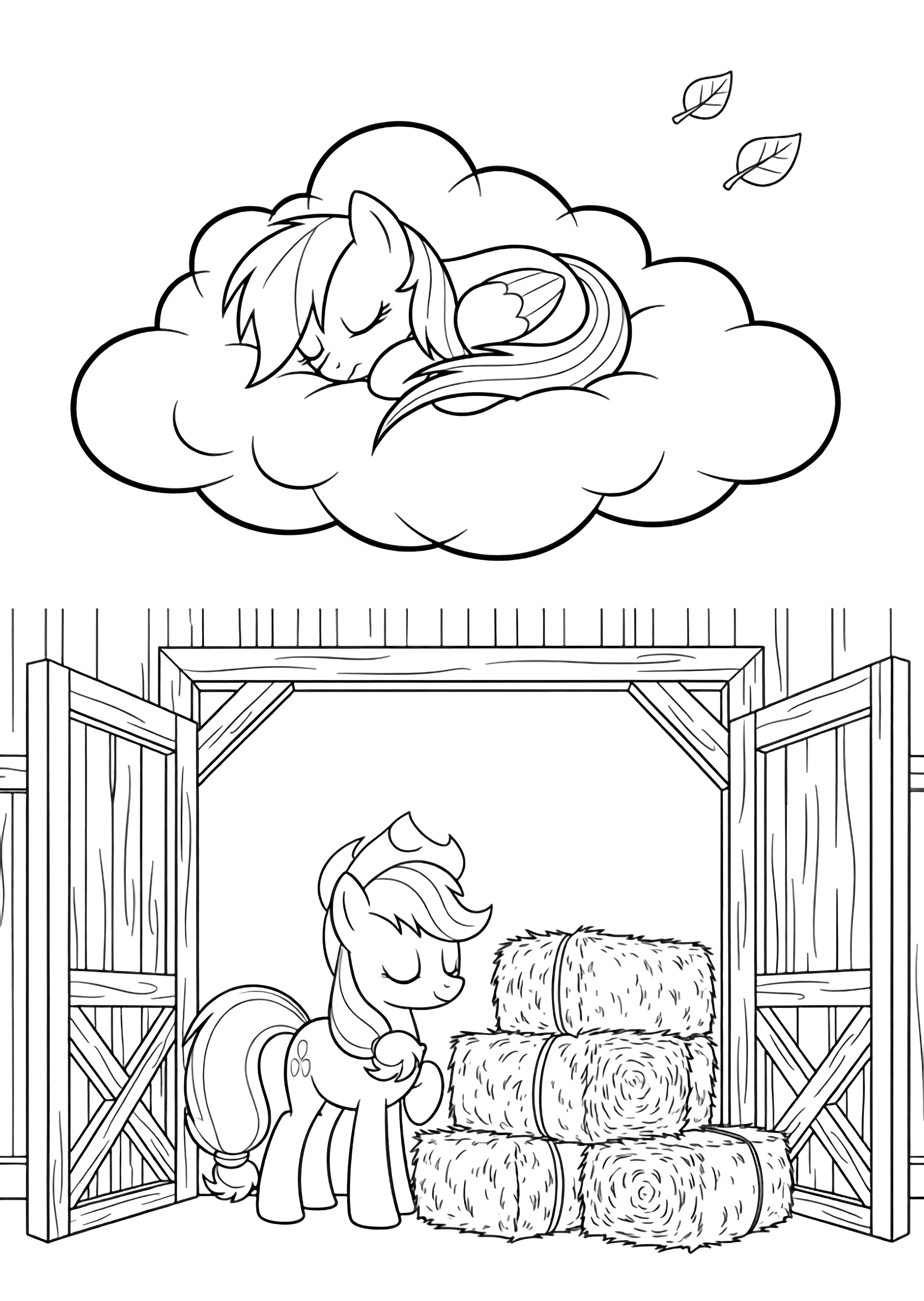 Rainbow Dash naps on a cloud; Applejack stacks hay in the barn doorway while two leaves drift by. kleurplaat