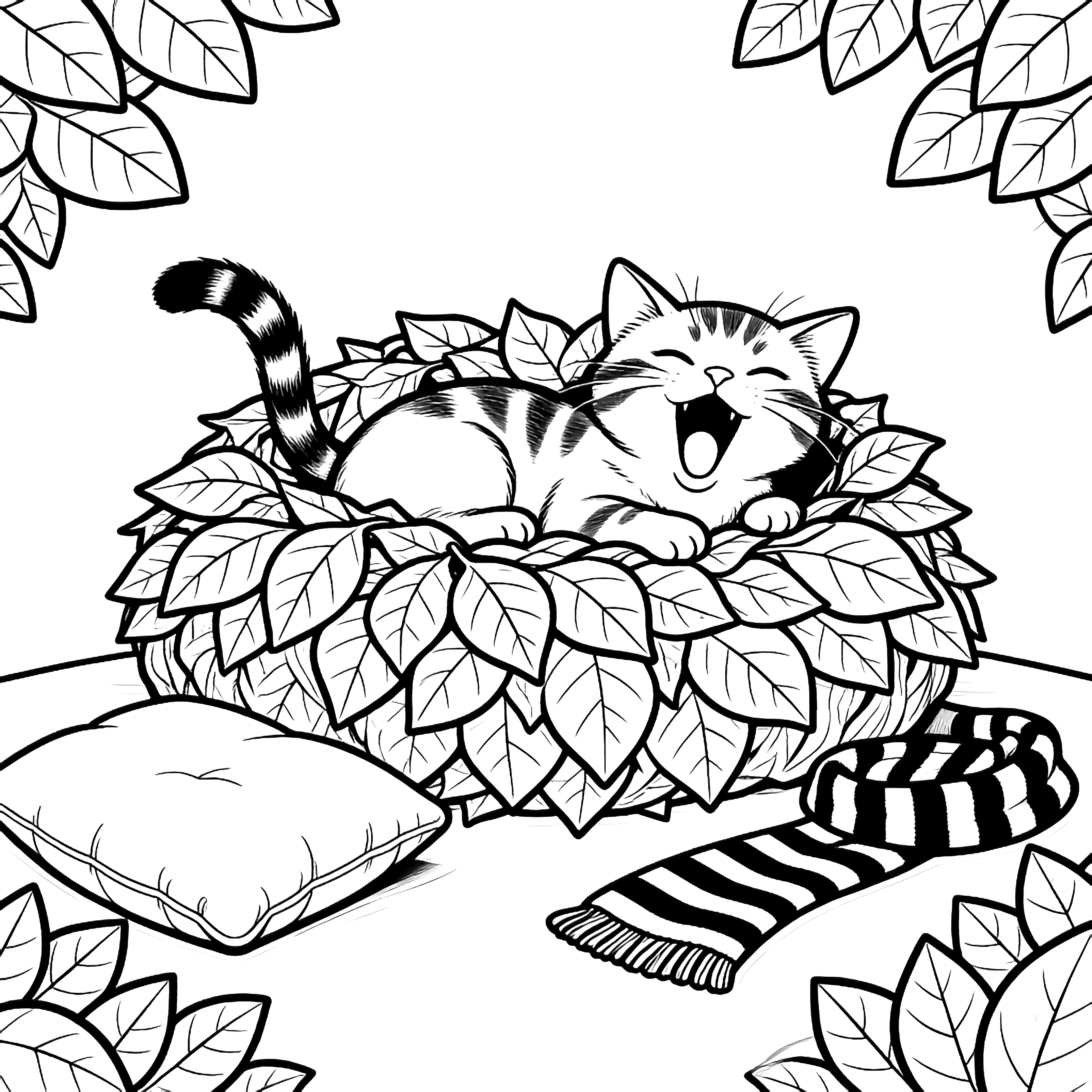 A yawning kitten naps inside a big leaf pile, tail peeking out; nearby an empty pillow and striped scarf wait, with simple leaf outlines framing the scene. kleurplaat