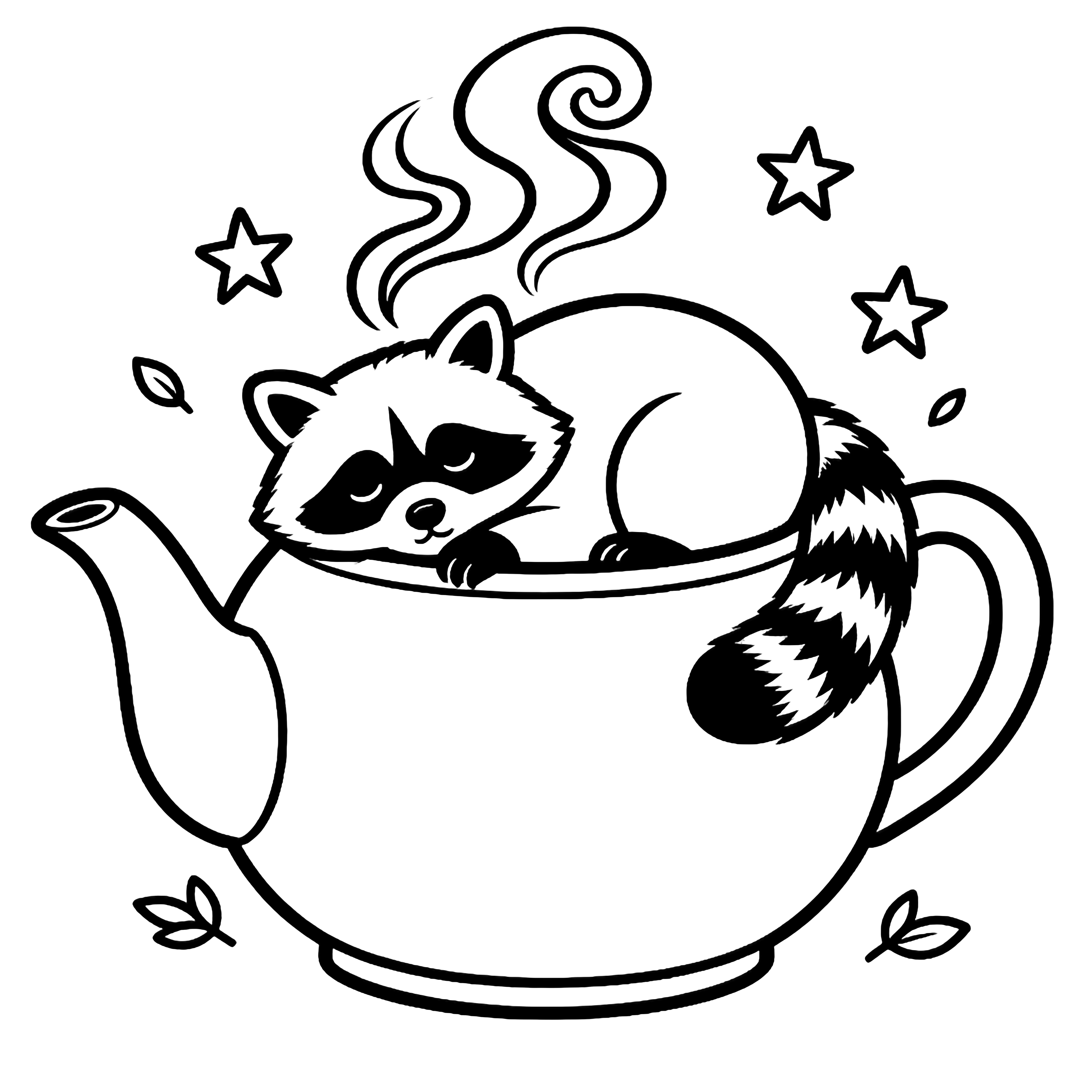 A plump raccoon curls asleep inside an oversized teapot, its tail encircling its body while steam curls upward, surrounded by drifting stars and tiny leaves. kleurplaat