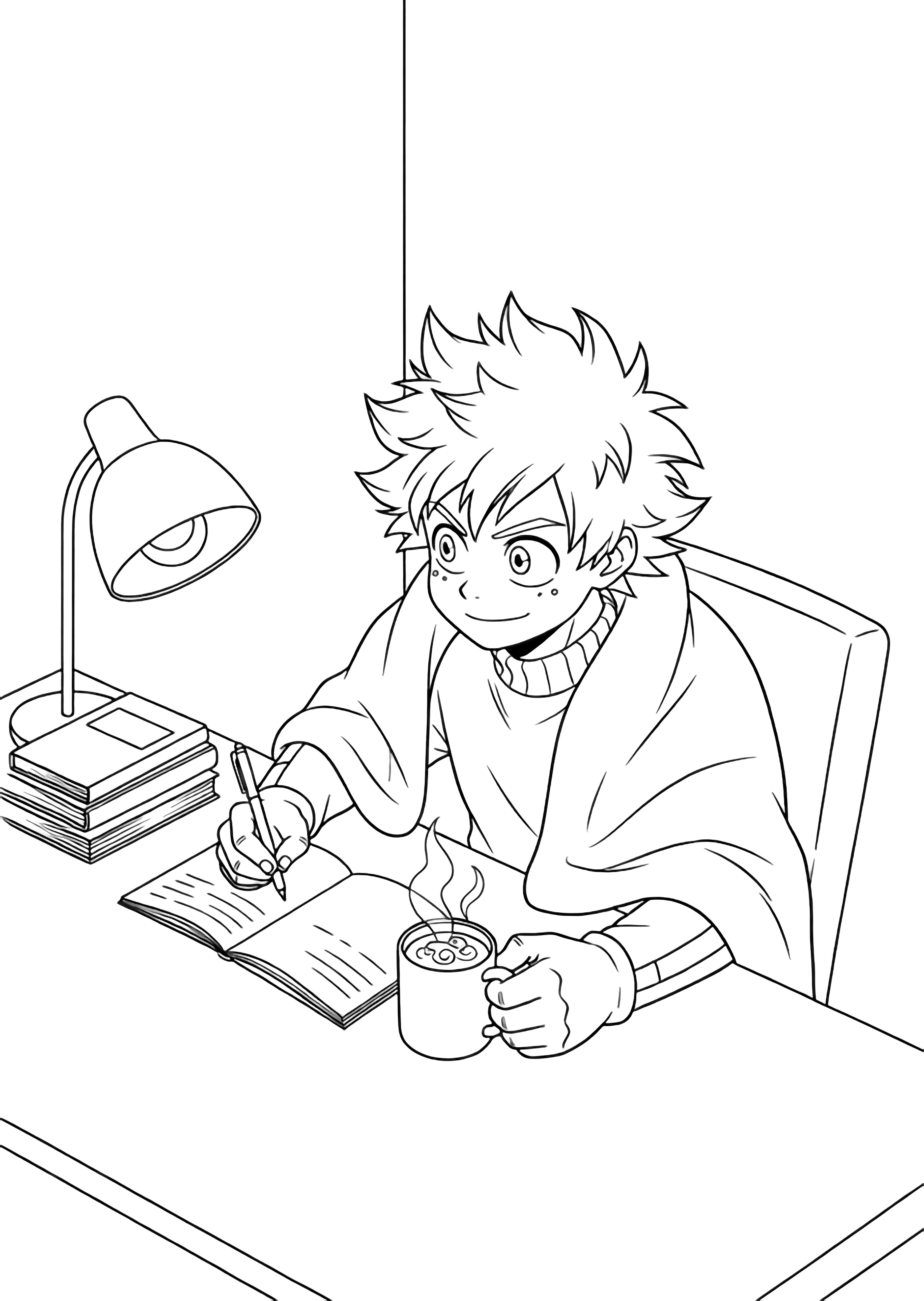 Deku zit aan een netjes opgeruimd bureau, een deken over zijn schouders, terwijl hij aantekeningen maakt met een mok warme chocolademelk in zijn hand; een lamp en stapels boeken in de buurt. kleurplaat