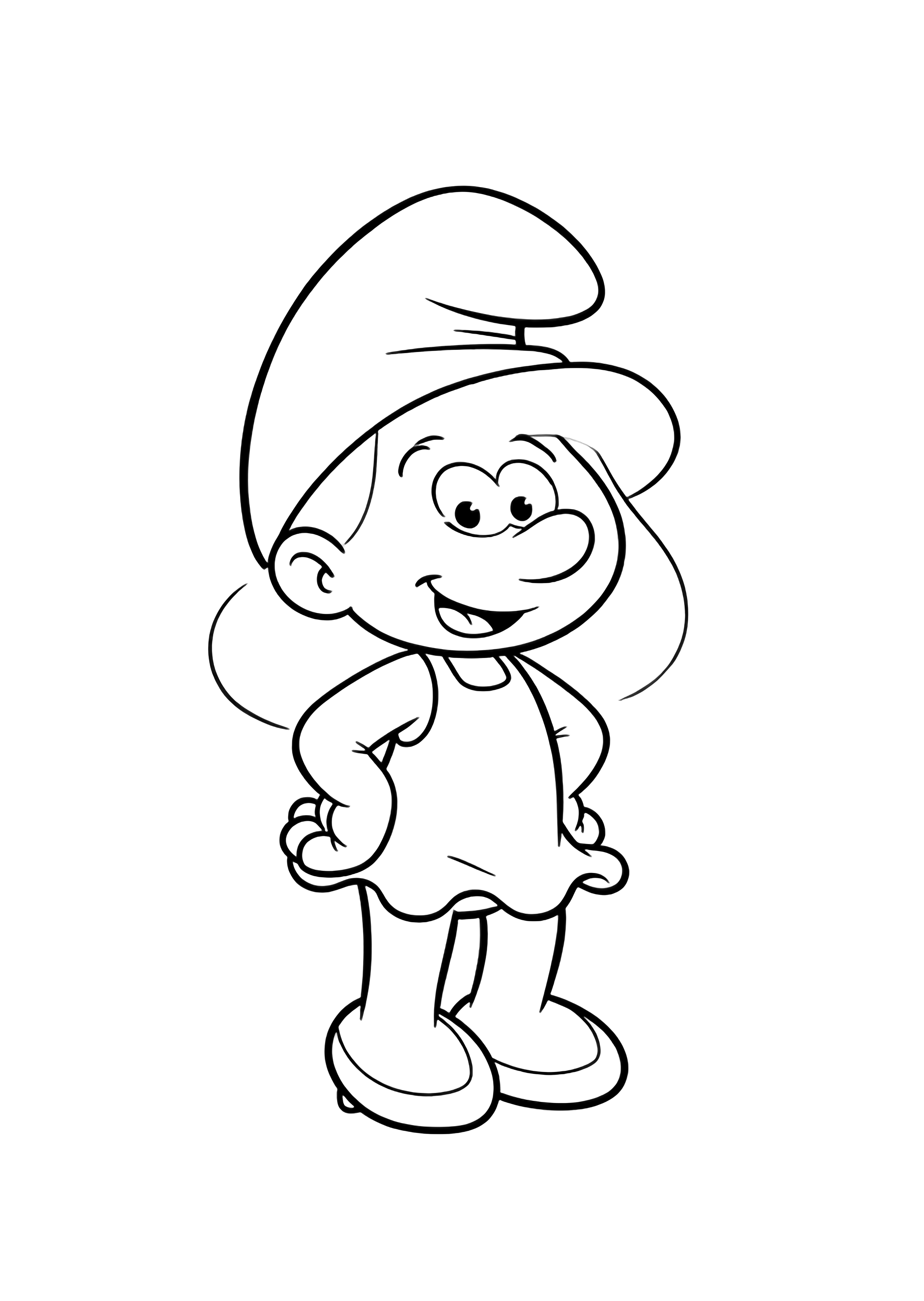 Smurfette staat glimlachend met haar handen op haar heupen, gekleed in haar kenmerkende jurk en slappe muts. kleurplaat