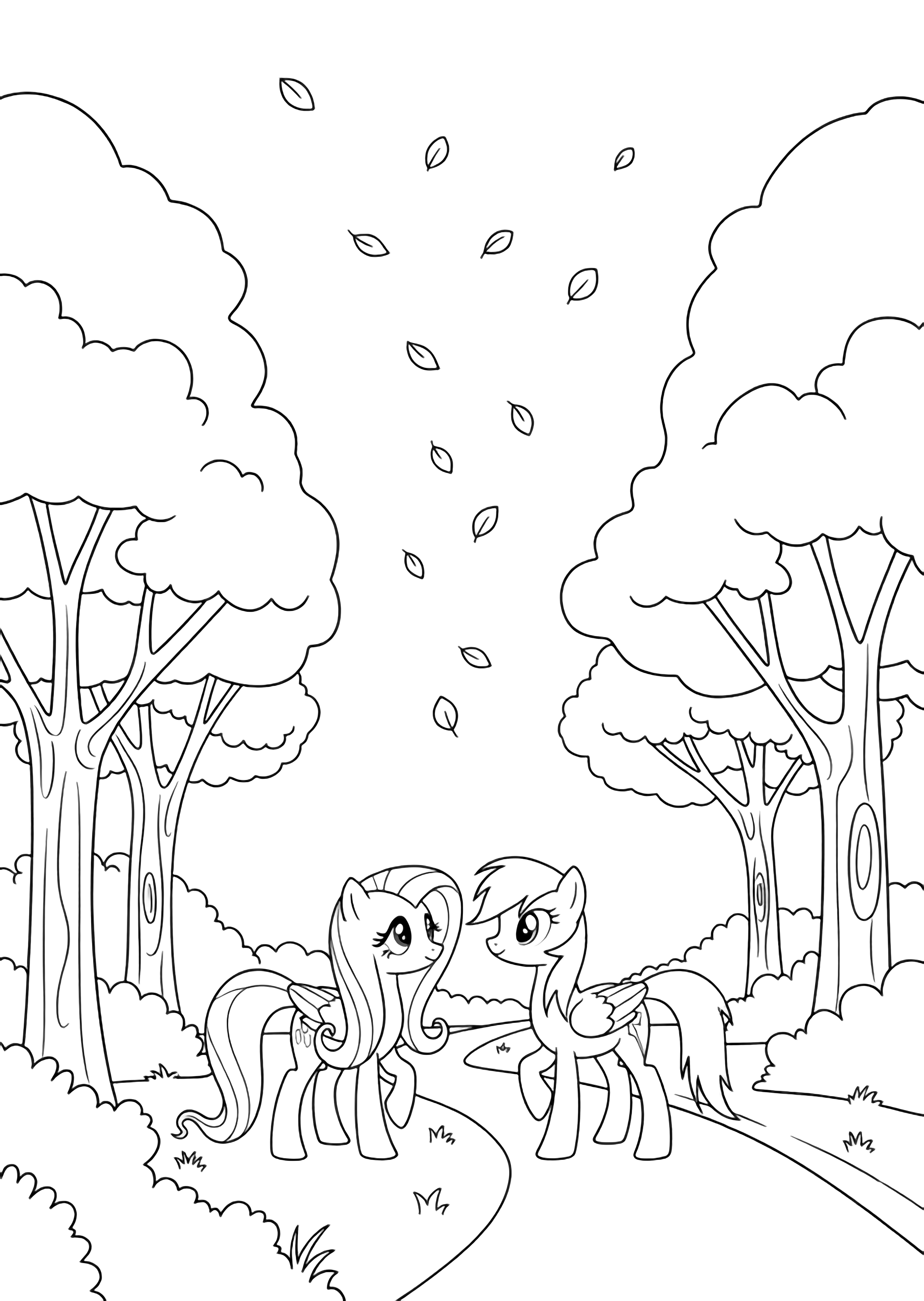 Fluttershy and Rainbow Dash walk together along a winding path while simple leaves drift down; trees frame the scene. kleurplaat