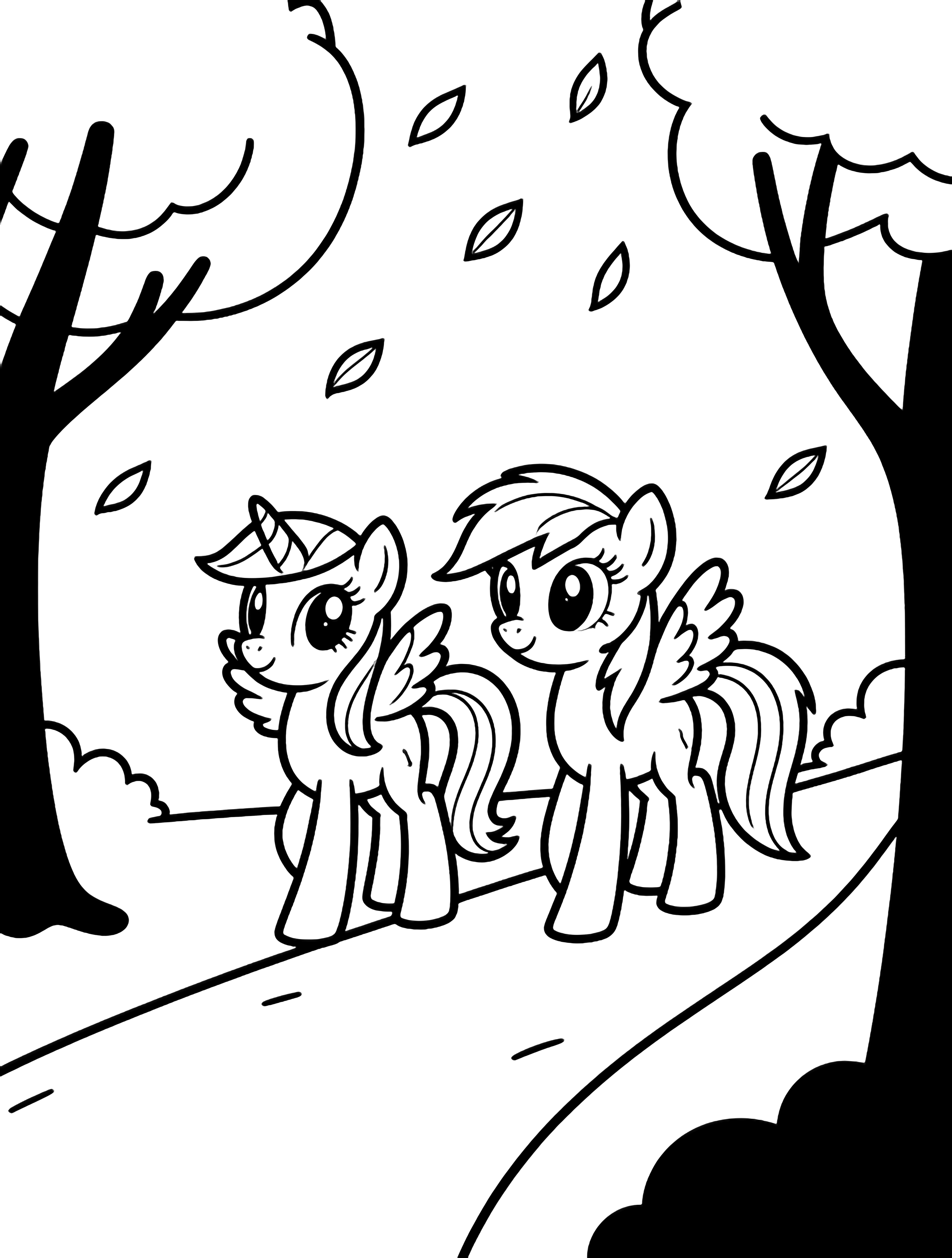 Fluttershy en Rainbow Dash lopen samen over een kronkelend pad onder dwarrelende bladeren, omzoomd door eenvoudige bomen. kleurplaat