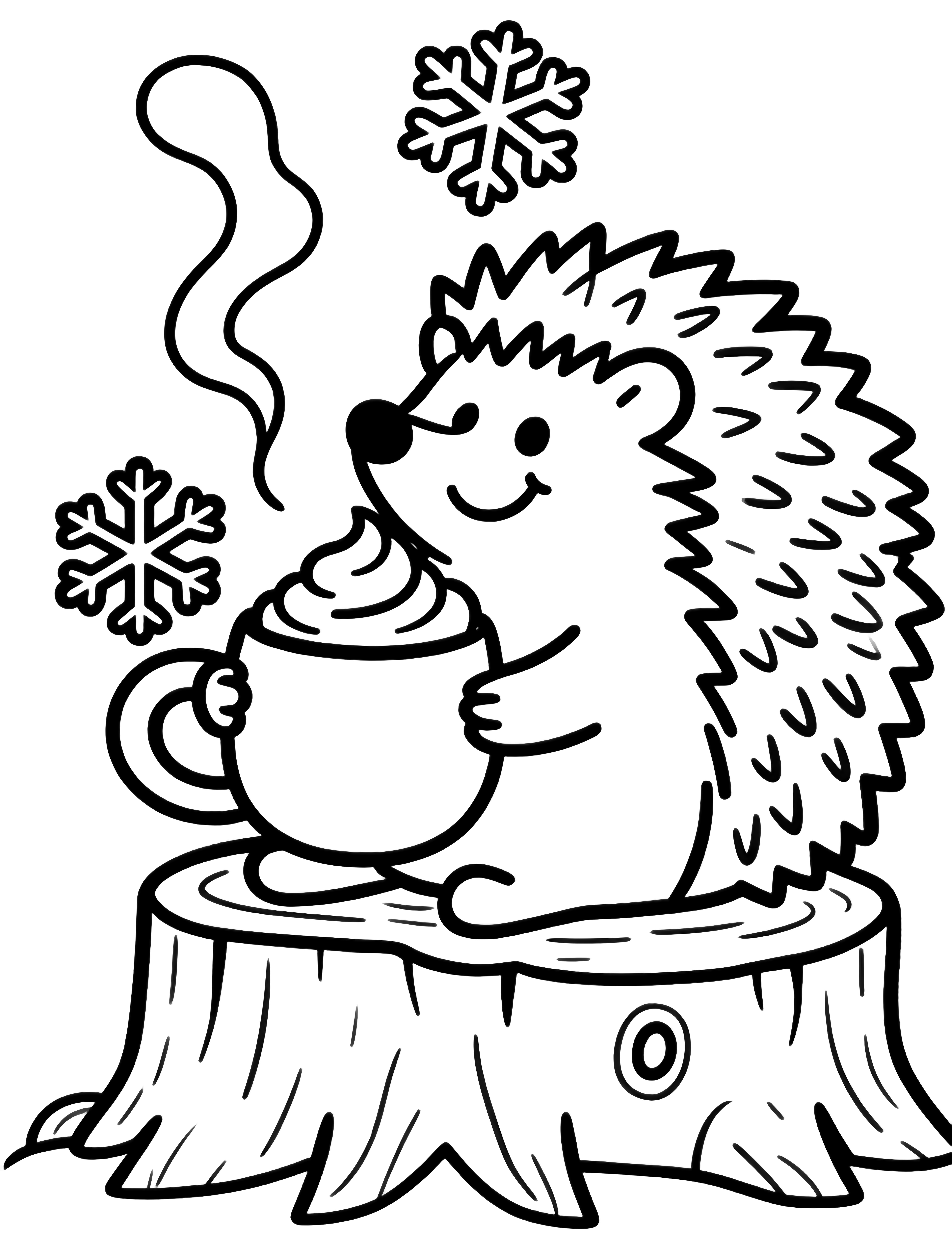 A smiling hedgehog on a stump holds a steaming mug; cookies on a plate beside him, snowflakes drifting above. kleurplaat
