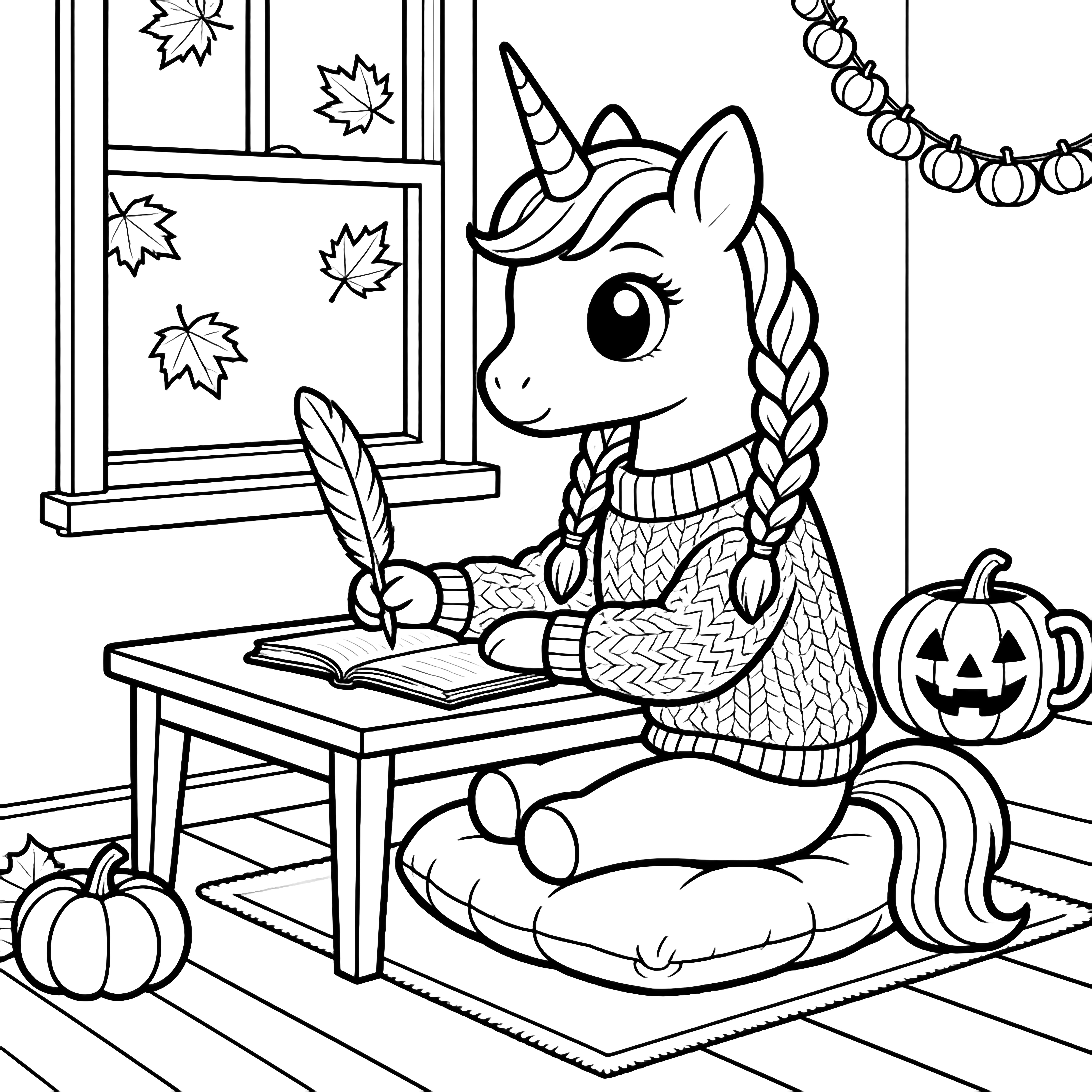 Big-eyed unicorn in chunky sweater and braids sits at low desk writing in diary; cushion, pumpkin mug, garland, maple leaves outside window, rug on floorboards. kleurplaat