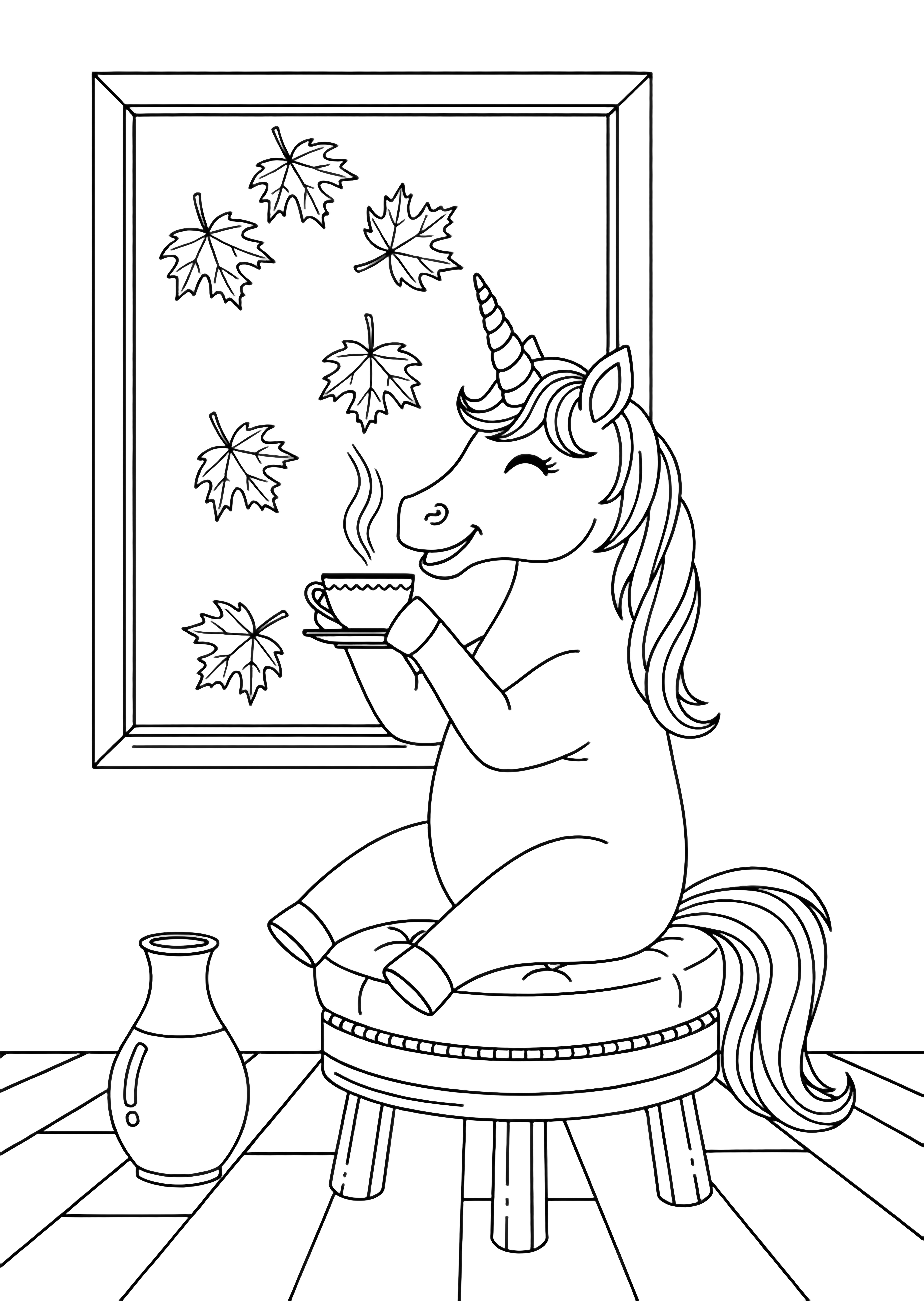 A smiling unicorn on a cushioned stool lifts a teacup; maple leaves drift past a window beside floorboards and an empty vase. kleurplaat