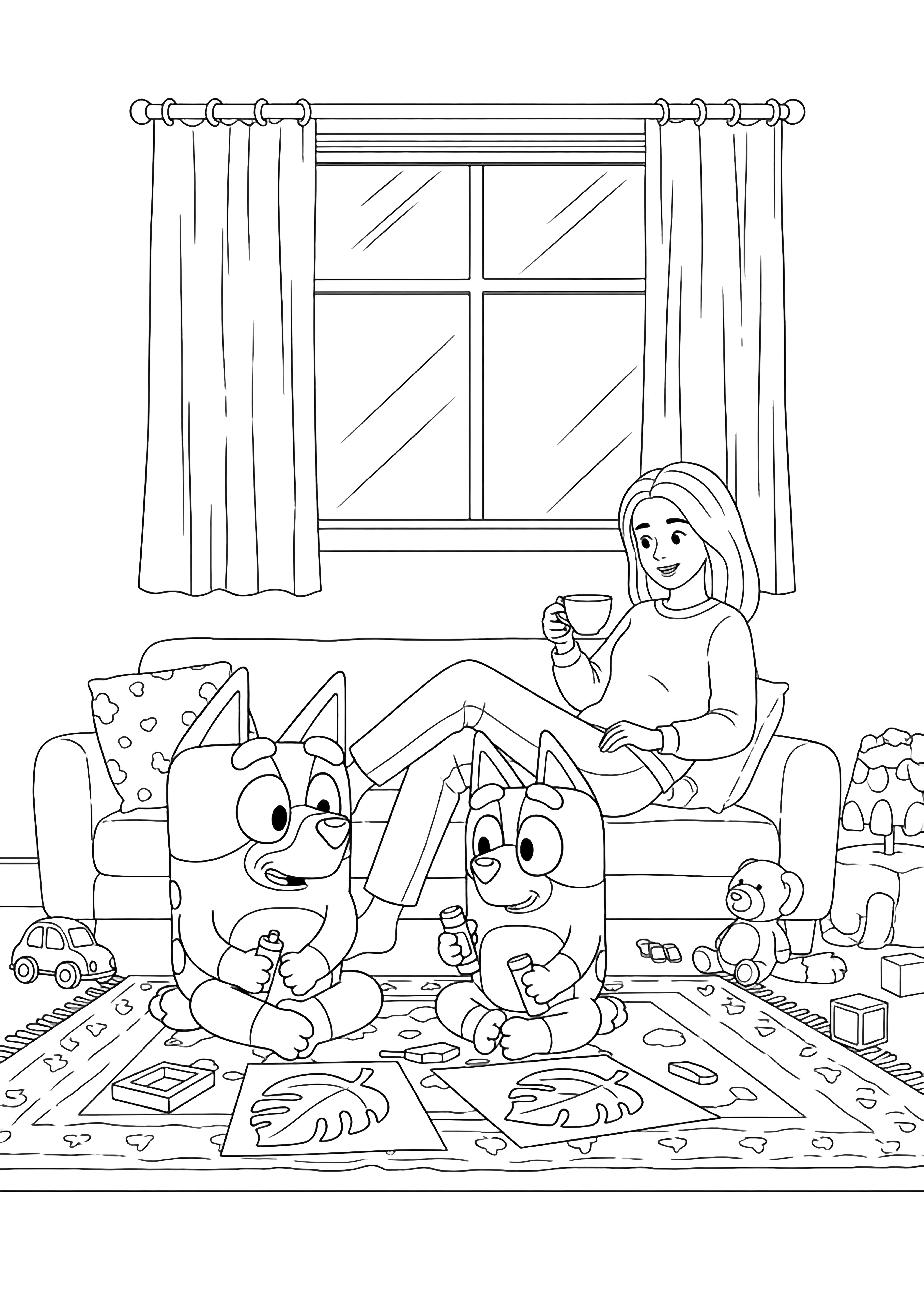 Bluey and Bingo sit cross-legged gluing big leaf shapes onto paper; Mum relaxes on the sofa with a teacup, toys scattered nearby, a curtained window behind them. kleurplaat