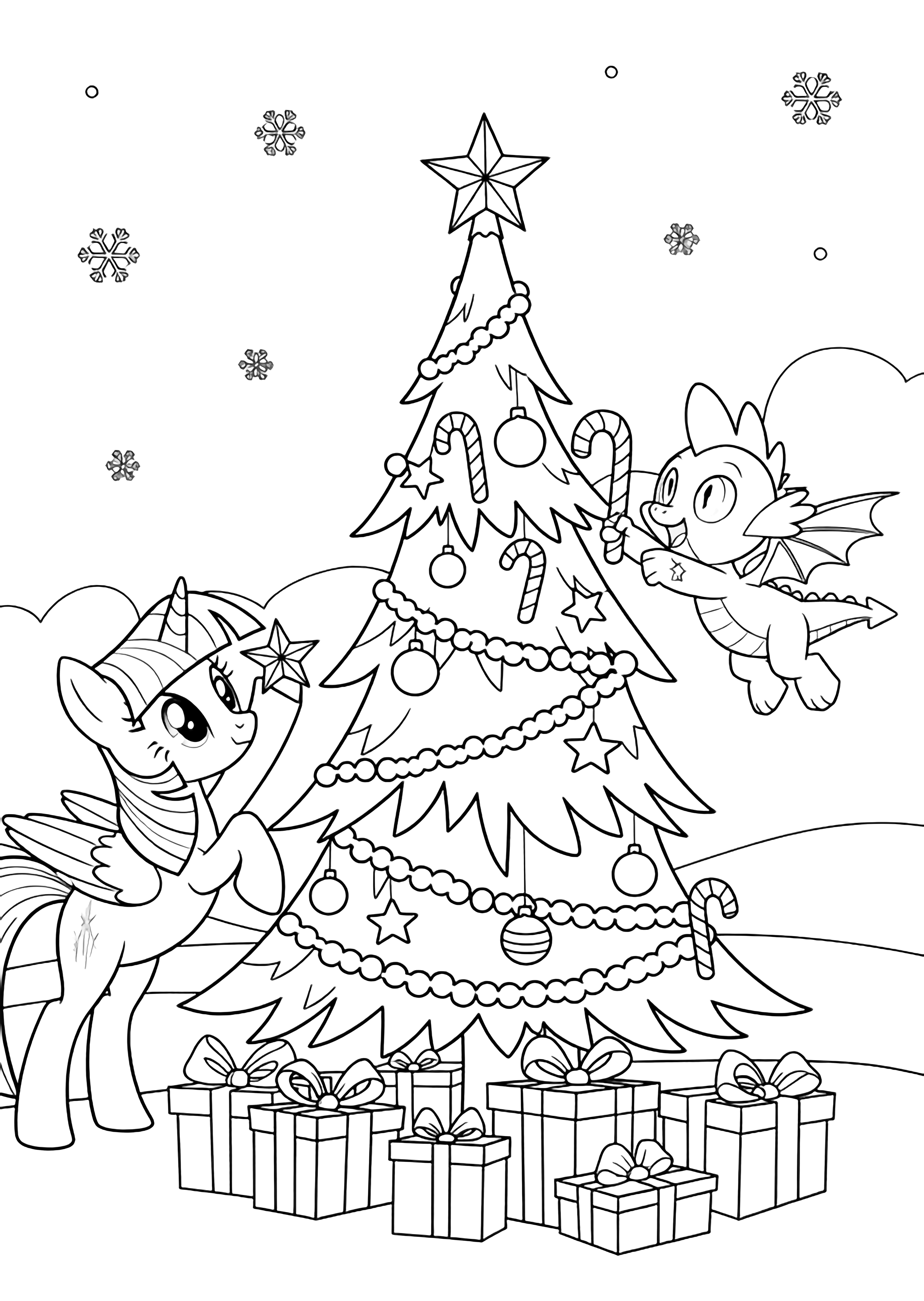 Twilight Sparkle and Spike hang ornaments on a tall Christmas tree above wrapped gifts, snowflakes drifting over a simple hillside. kleurplaat