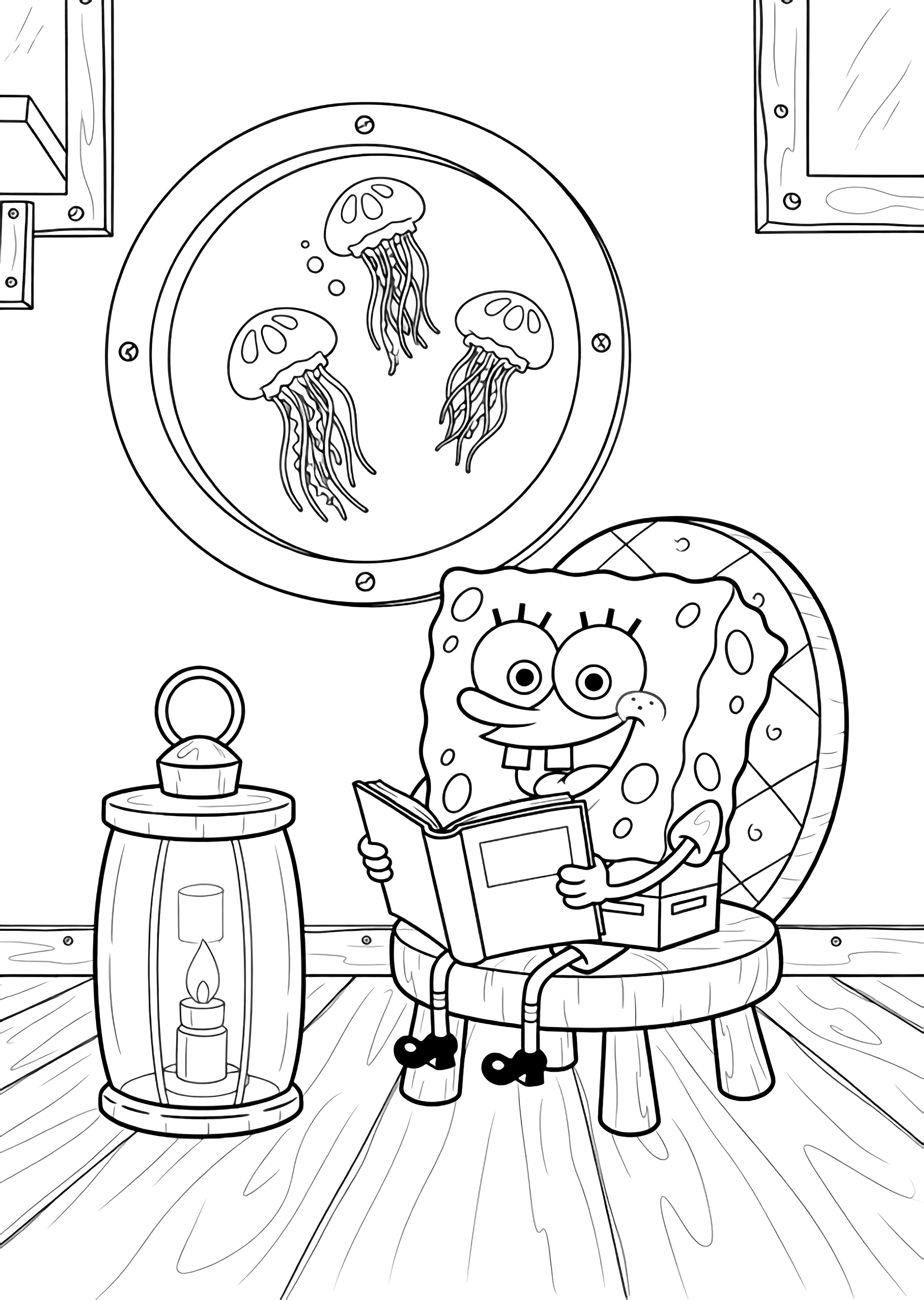 SpongeBob sits on a round chair in his pineapple house, reading an open book; a tall paneled lantern stands nearby; three jellyfish drift past the window. kleurplaat