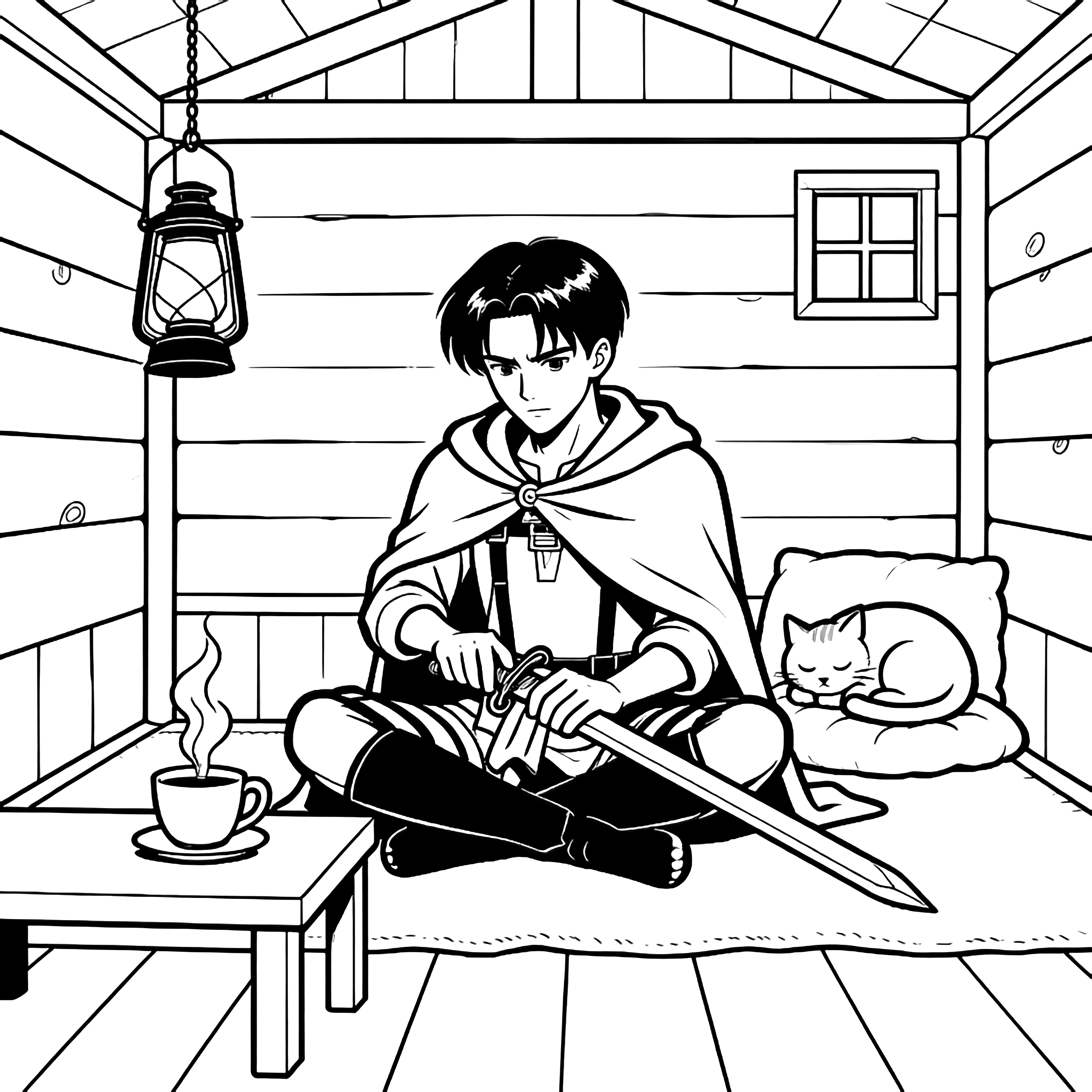 Levi sits cross-legged in a tiny cabin, wiping his sword; a steaming teacup, lantern, cat on cushion, plank walls, small window. kleurplaat