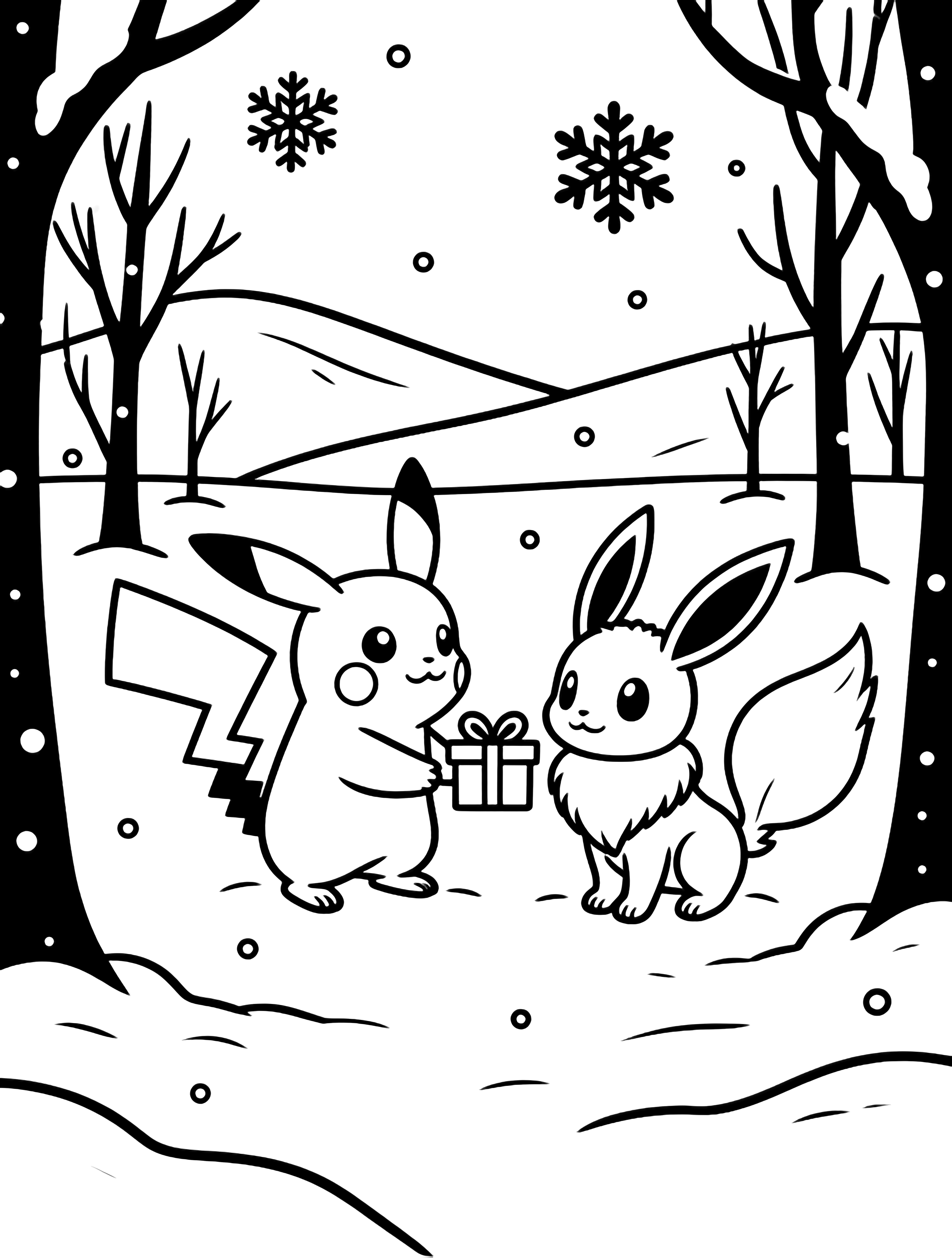 illustration on a Pikachu and Eevee stand paw to paw in a snowy forest clearing each offering a tiny wrapped present; big snowflakes drift between bare trees simple hills behind all in bold black outlines on white clean black kleurplaat