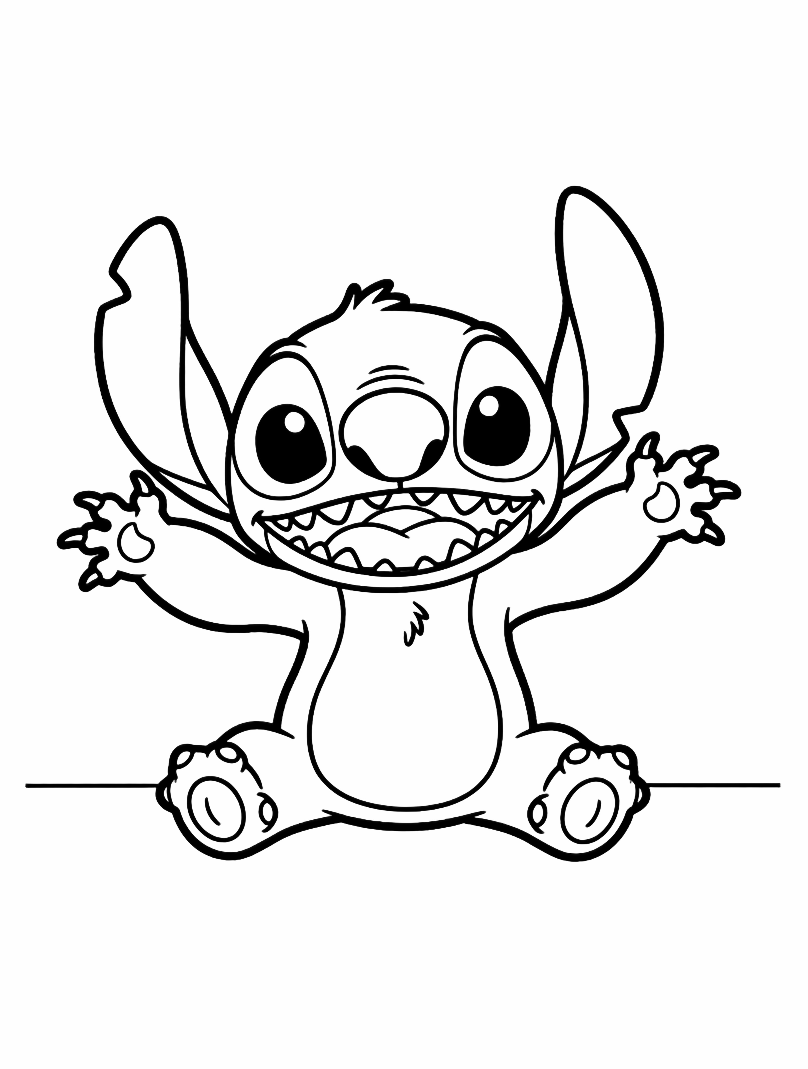 Stitch sits on blank ground, huge grin, arms spread wide, simple ears and claws, bold outline, no background. kleurplaat