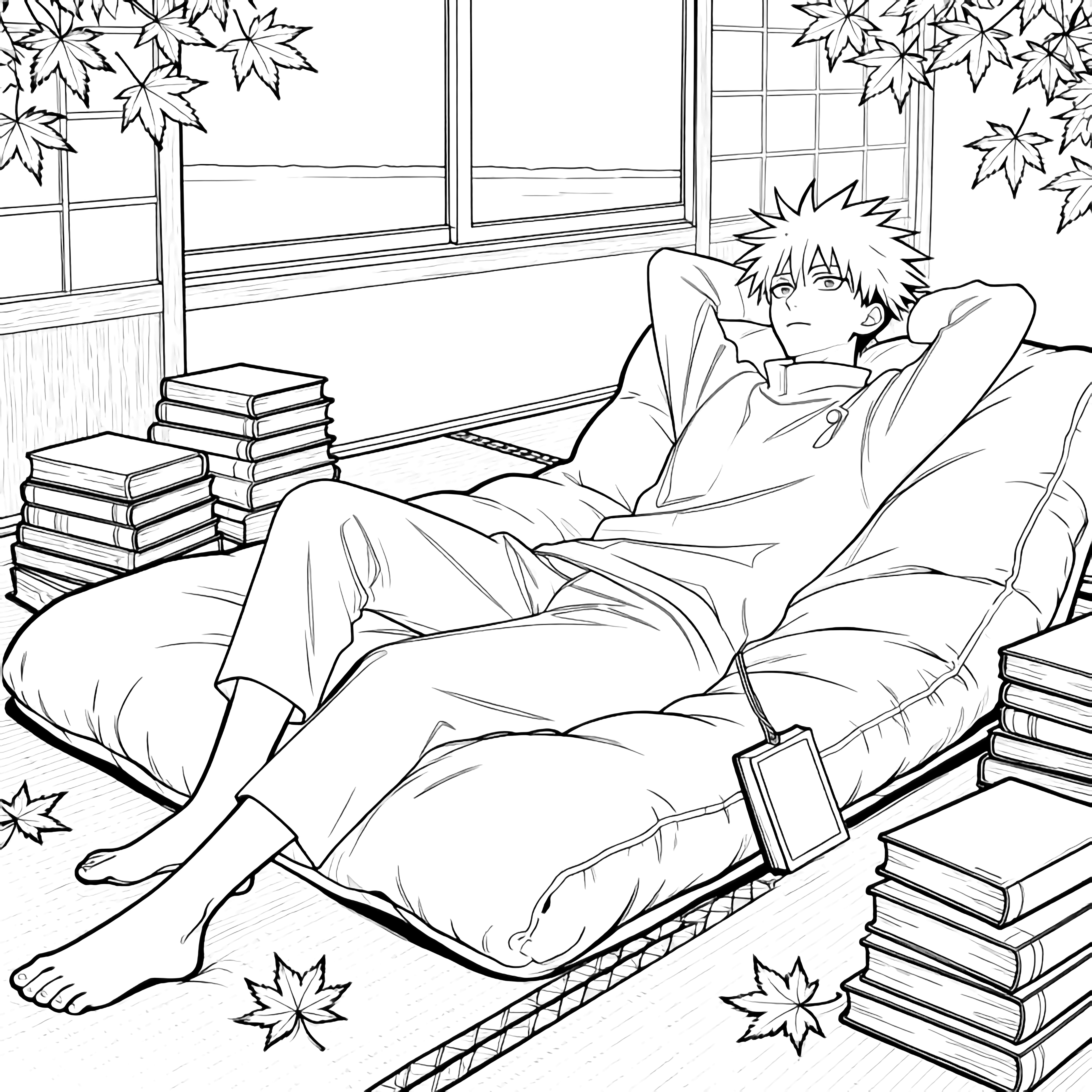 Gojo relaxed on a futon, one arm behind his head, the other holding a book; stacked tomes and maple leaves surround him near a window showing a plain horizon. kleurplaat