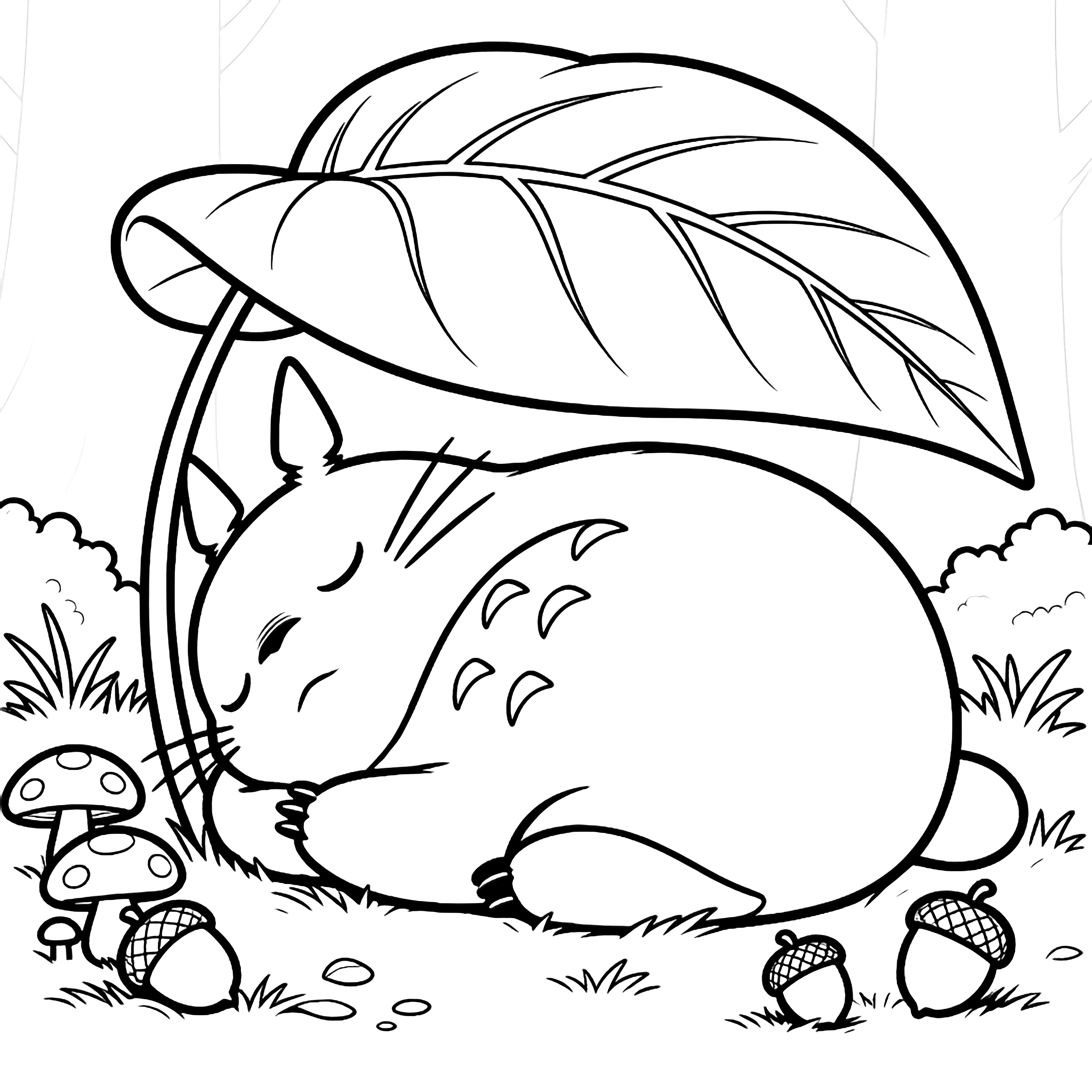 Sleeping Totoro nestles under a huge leaf umbrella; mushrooms and acorns scatter across the peaceful forest floor. kleurplaat