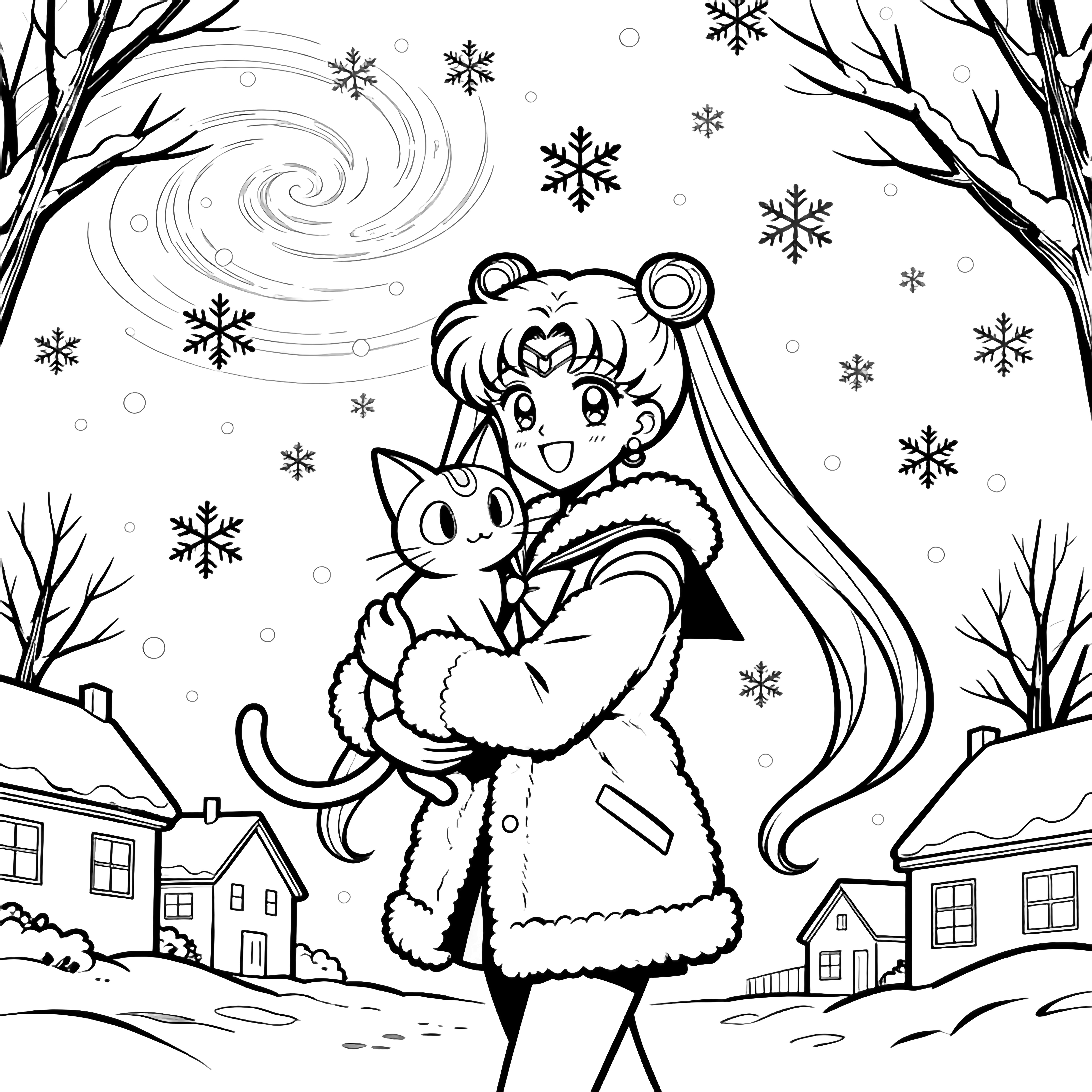 Sailor Moon in een fluffy jas loopt door vallende sneeuw, terwijl ze Luna vasthoudt; eenvoudige huizen en kale bomen omlijsten het winterse tafereel. kleurplaat