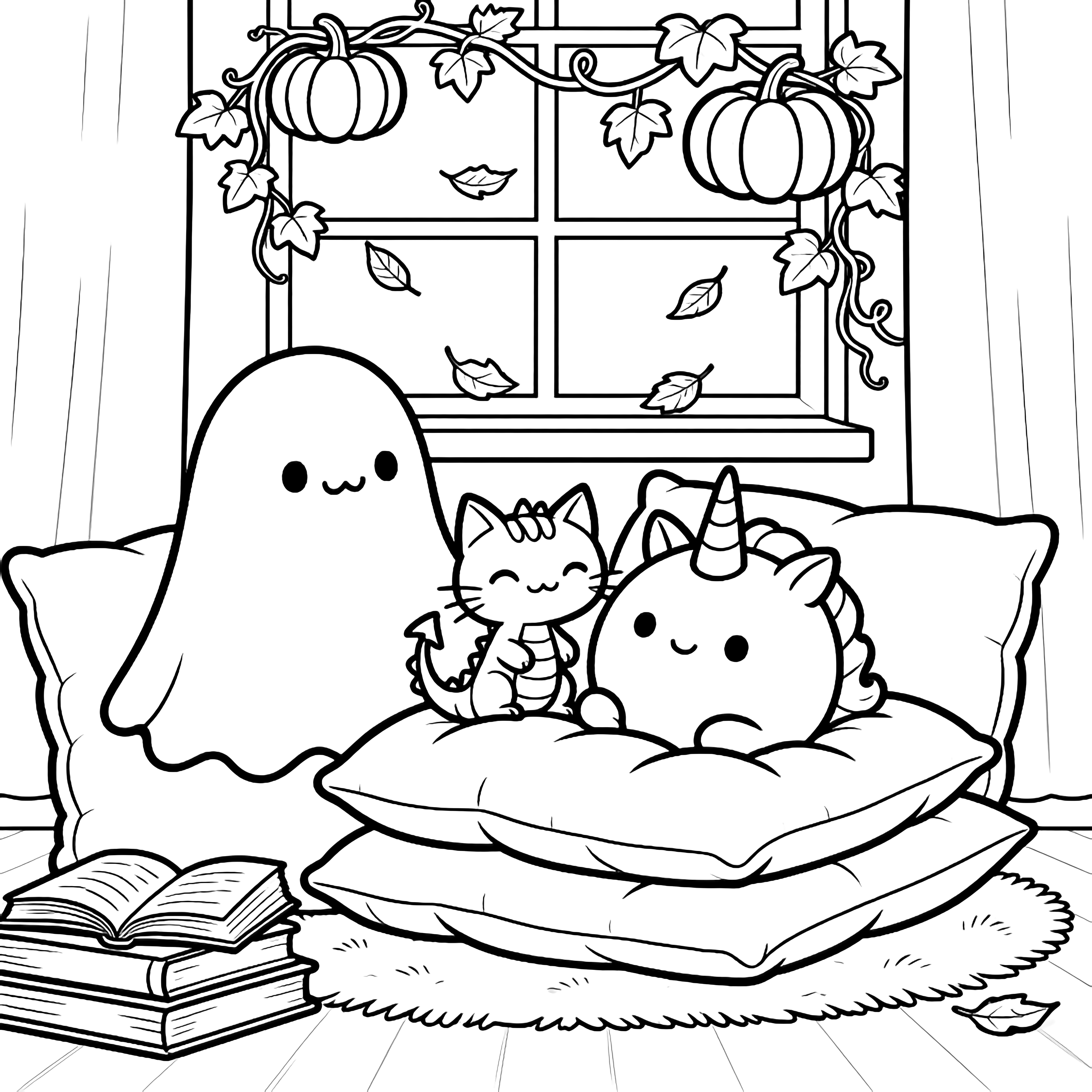 Chubby ghost, smiling cat, tiny dragon, and round unicorn snuggle on pillows beneath a window with pumpkin vines, falling leaves, and stacked books. kleurplaat